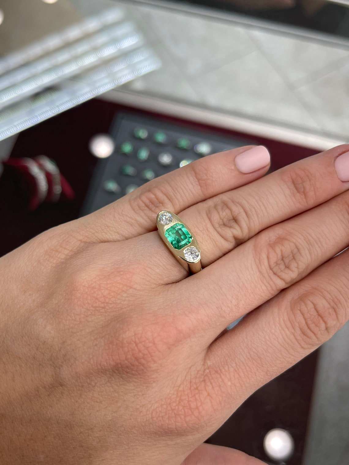 2.70ctw Emerald Cut Diamond & Brilliant Round Three Stone Gypsy Signet Ring in 14K Gold - Elegant Wedding Band, Anniversary Gift, Vintage Jewelry for Women