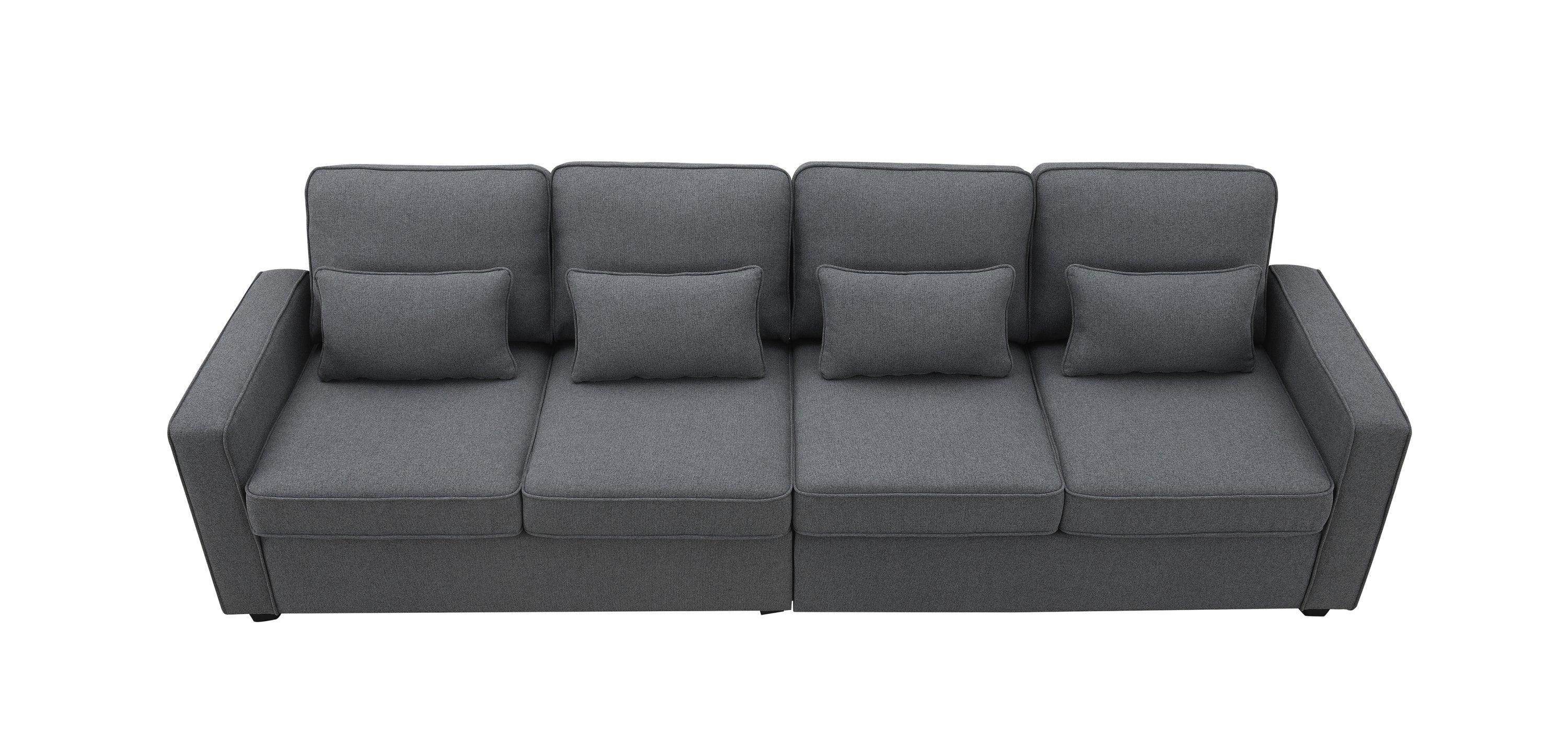Modern 4-Seater Linen Fabric Sofa with Armrest Storage Pockets & 4 Throw Pillows - Minimalist Living Room Couch for Small Spaces, Apartments and Cozy Home Decor
