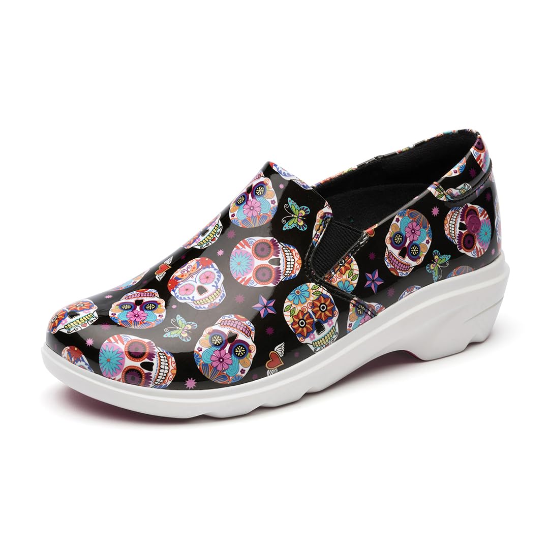 Klogs Footwear Ascent Candy Skulls Patent Leather Slip-Resistant Work Shoes for Women - Size 8.5 Medium (C) - Comfortable & Durable for Nurses, Chefs & Service Professionals