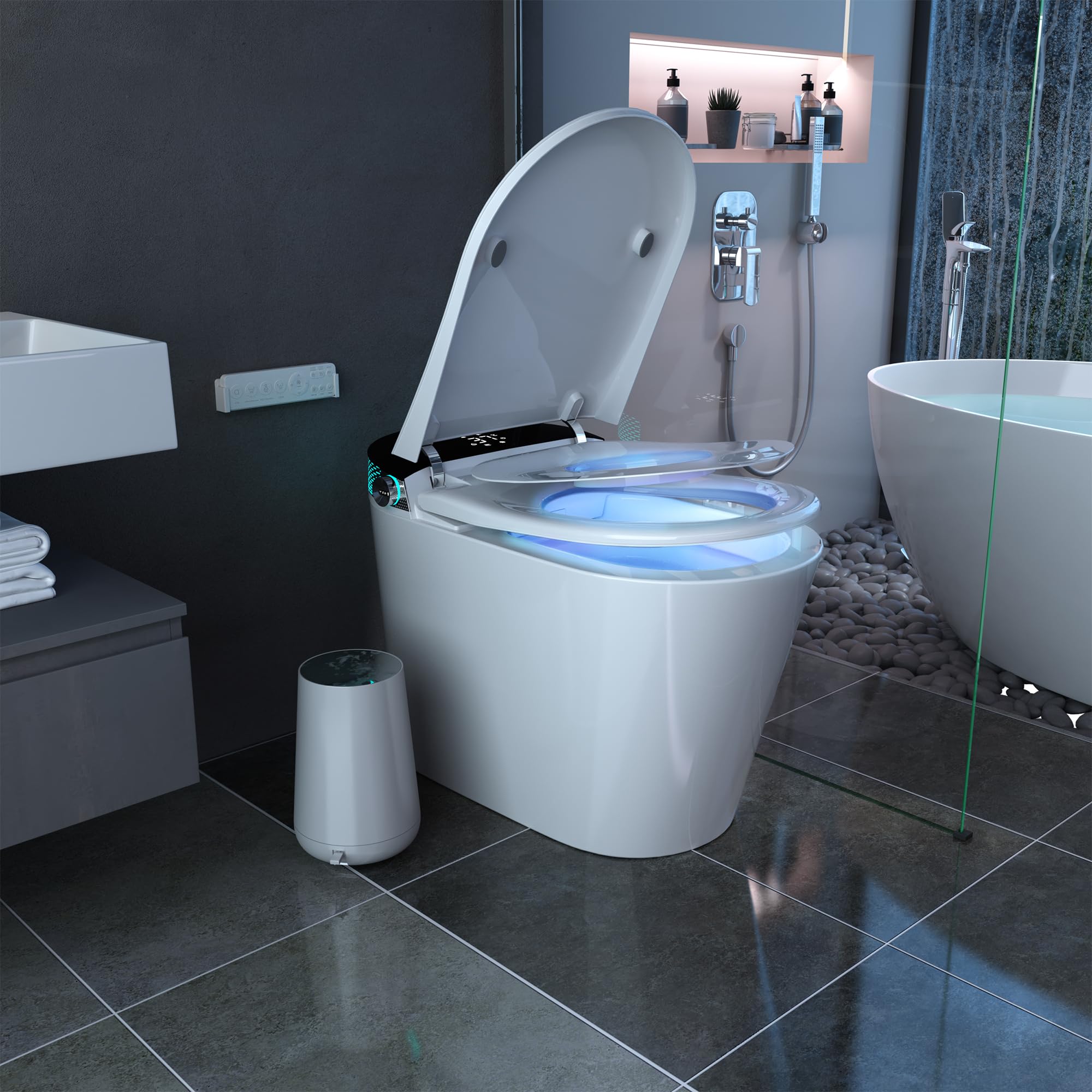Smart Toilet Bidet with Built-in Tank - Auto Open/Close Lid, Heated Seat, Warm Water Spray & Dryer - Foot Sensor, Remote & Knob Control - LED Nightlight - Perfect for Modern Bathrooms & Luxury Homes
