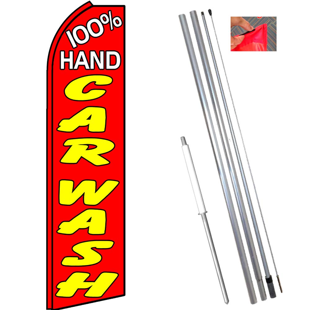 Vista Flags 100% Hand Wash Car Feather Flag Bundle - 11.5ft Tall Red Flutter Flag with 15ft Flagpole & Ground Stake - Perfect for Car Wash Advertising, Grand Openings & Outdoor Events