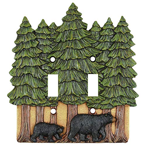 Black Forest Decor Bear & Pine Trees Double Switch Plate Cover - Rustic Cabin Wall Decor for Bedroom, Living Room, Bathroom - Clearance Sale