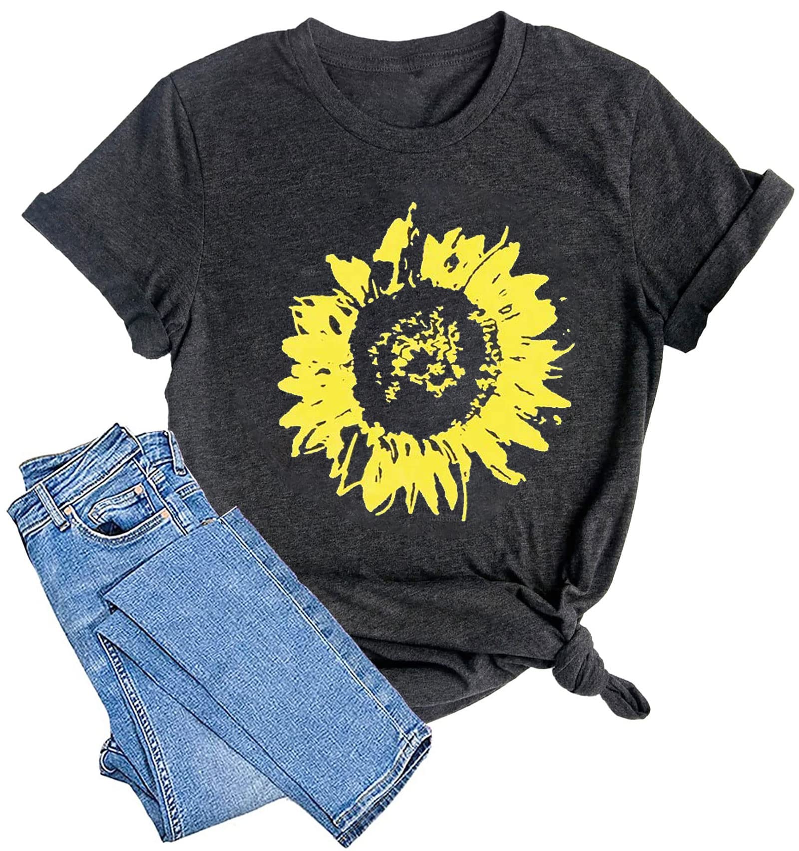 Women's Sunflower Graphic T-Shirt - Short Sleeve Summer Casual Tee Top for Everyday Wear, Beach Outings & Weekend Activities