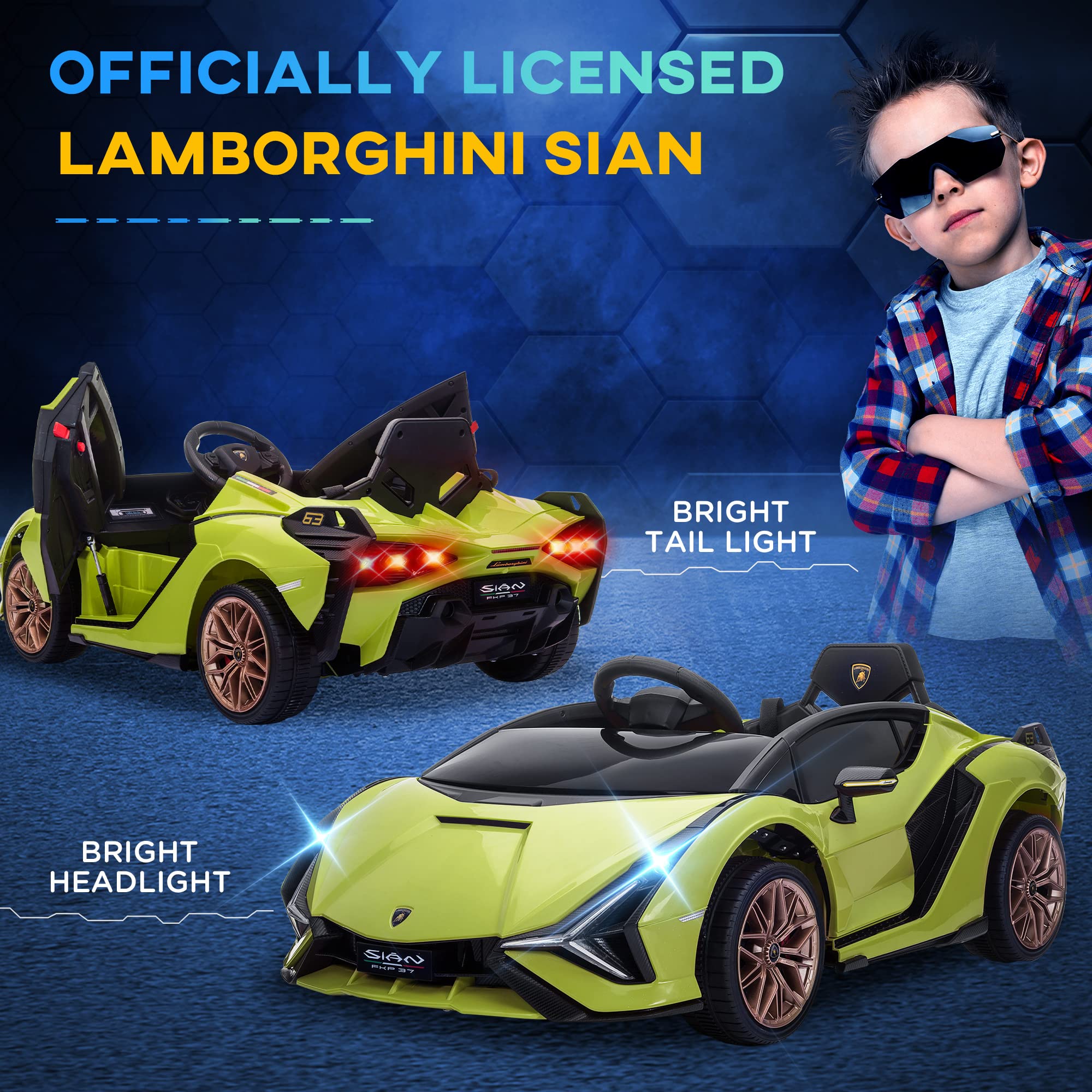 Lamborghini SIAN Licensed 12V Kids Electric Ride-On Car with Remote Control - Battery Powered Toy Vehicle with Horn, Music & LED Headlights - Perfect for Birthday Gifts & Outdoor Play (Green)