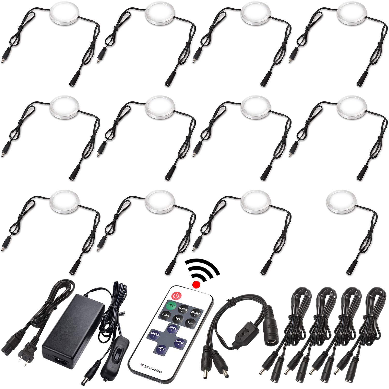 12-Pack Small LED Puck Lights for Under Cabinet Lighting - 120V Hardwired & Plug-in, Dimmable with RF Remote Control, Daisy Chain Linkable (Black Wires, Daylight White) - Perfect for Kitchen, Closet, and Display Case Illumination