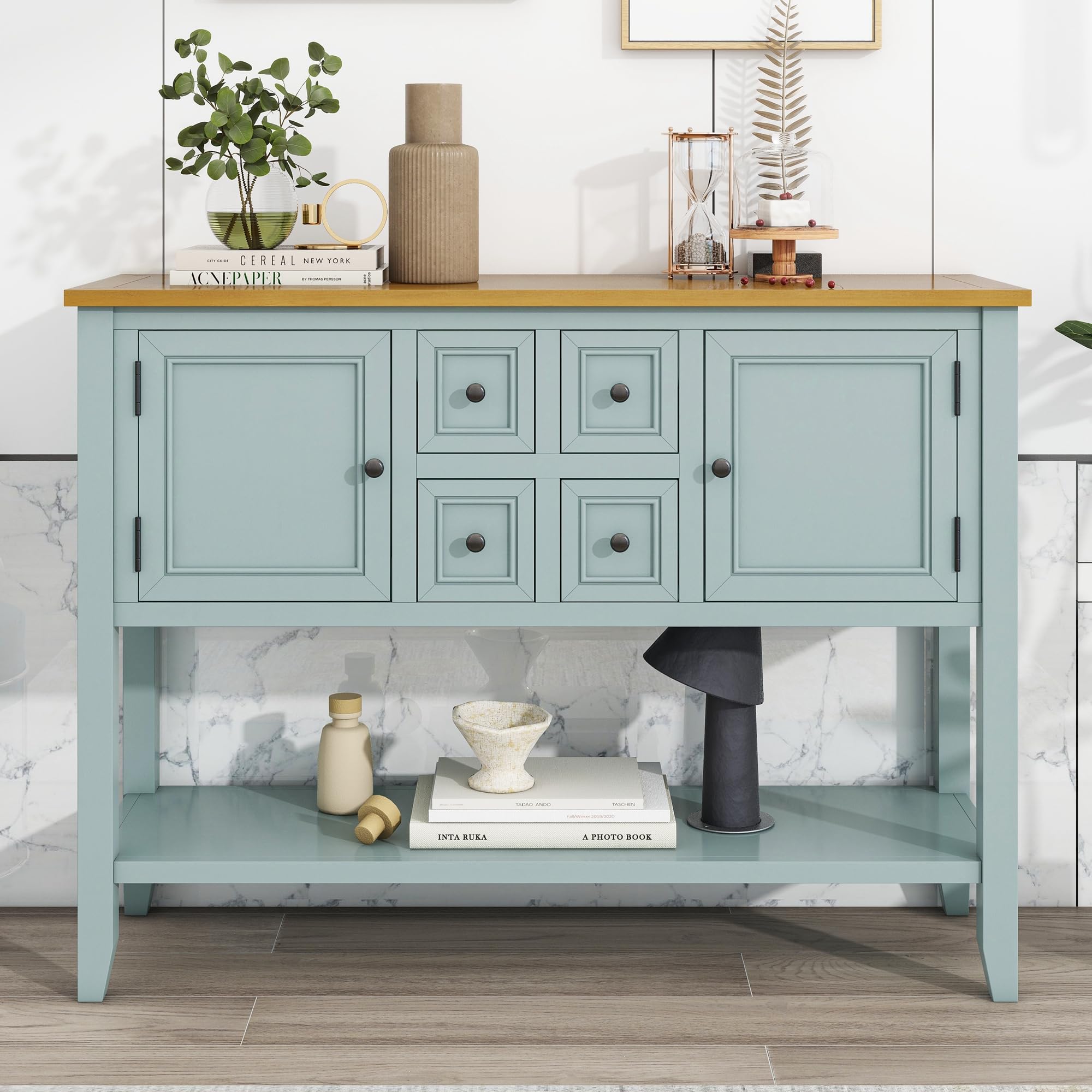 P PURLOVE Modern Console Table with Storage Drawers & Cabinets - Buffet Sideboard Sofa Table with Bottom Shelf - Lime White Finish for Living Room, Entryway & Hallway Decor