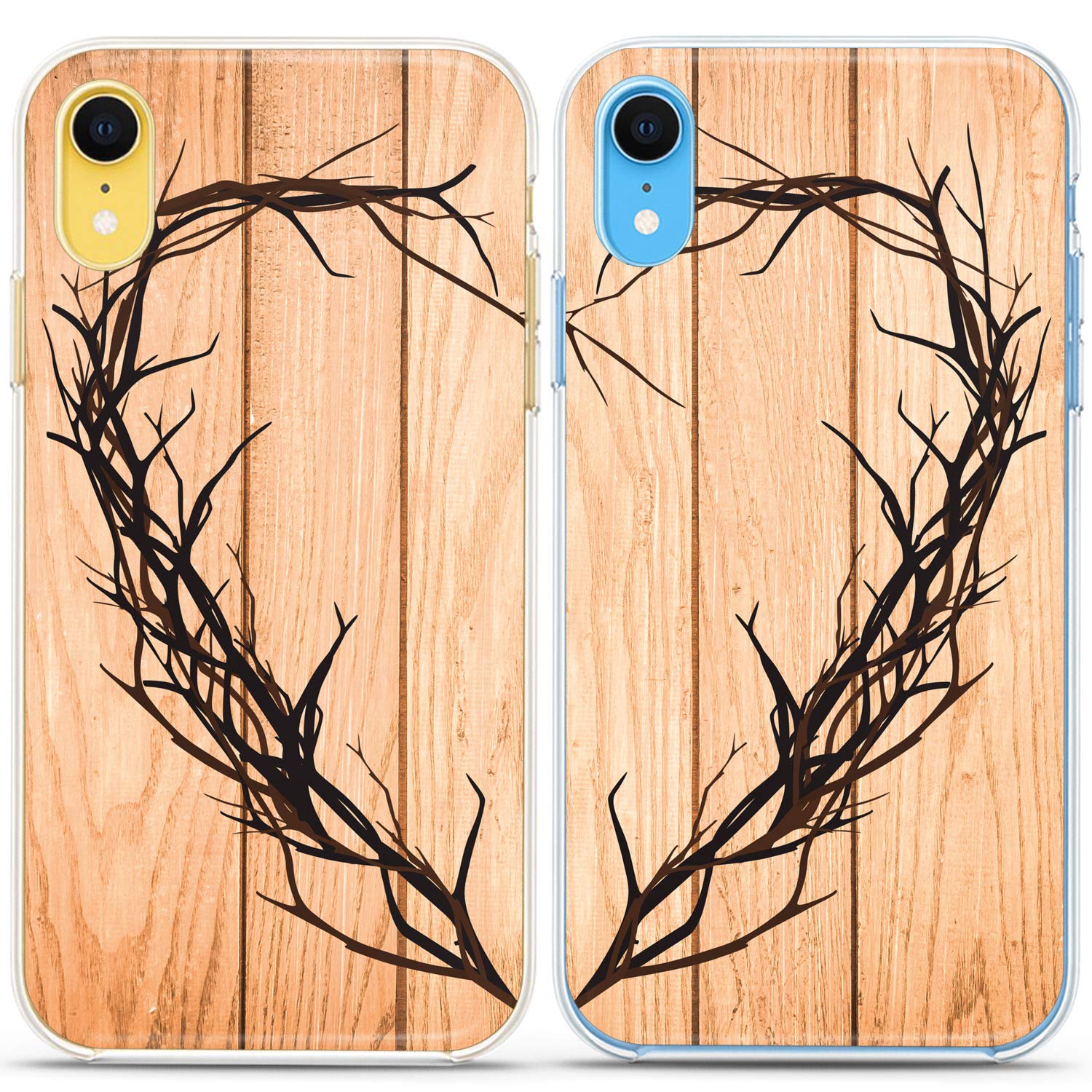 Matching Couple Phone Cases Compatible with iPhone 16/15/14/13/12/11 Pro Max/Mini/XS/X/8 Plus/7+/XR/10/SE/5 - Wood Texture Heart Tree Branch Design Cute Silicone Cover for Anniversary Gifts, Couples & Friends - Perfect for Valentine's Day, Wedding Gifts & Relationship Milestones