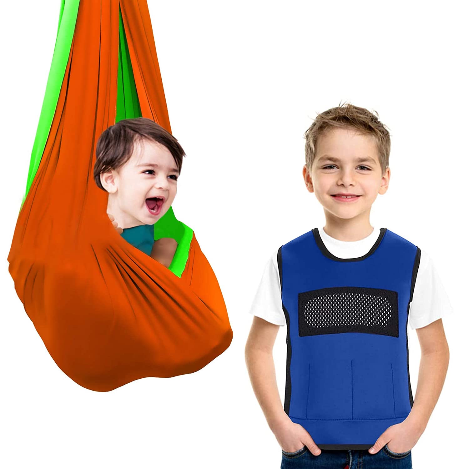 Double Layer Sensory Swing for Kids with Weighted Compression Vest - Indoor Therapy Swing for Autism, ADHD, Sensory Processing Disorder - Perfect for Calming & Focus at Home or Classroom