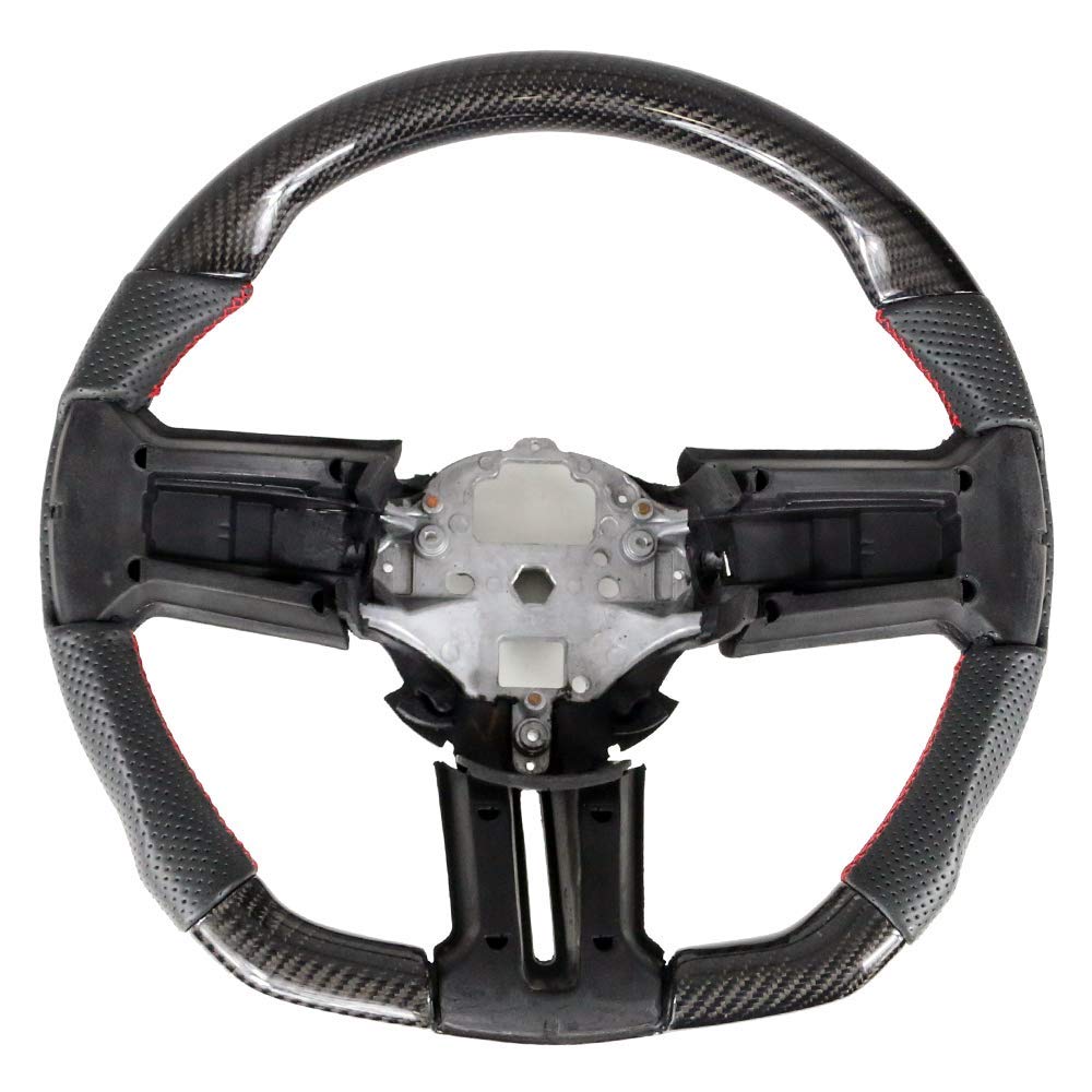 FREEMOTOR802 Carbon Fiber Racing Steering Wheel for 2010-2014 Ford Mustang - Perforated Leather with Red Stitching - Direct Replacement for Enhanced Grip & Sporty Driving Experience (Track Racing, Daily Commute, Car Enthusiast Upgrade)