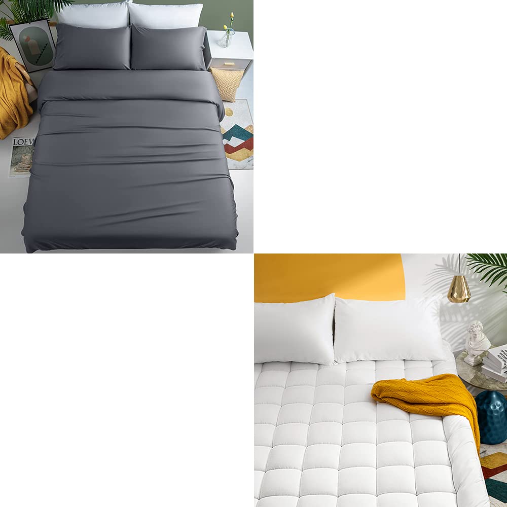 Shilucheng 4-Piece King Size Bamboo Bed Sheet Set - Dark Grey & Fluffy Soft White Mattress Pad - Breathable, Hypoallergenic for Ultimate Comfort - Perfect for Master Bedroom, Guest Room, and Luxury Hotels
