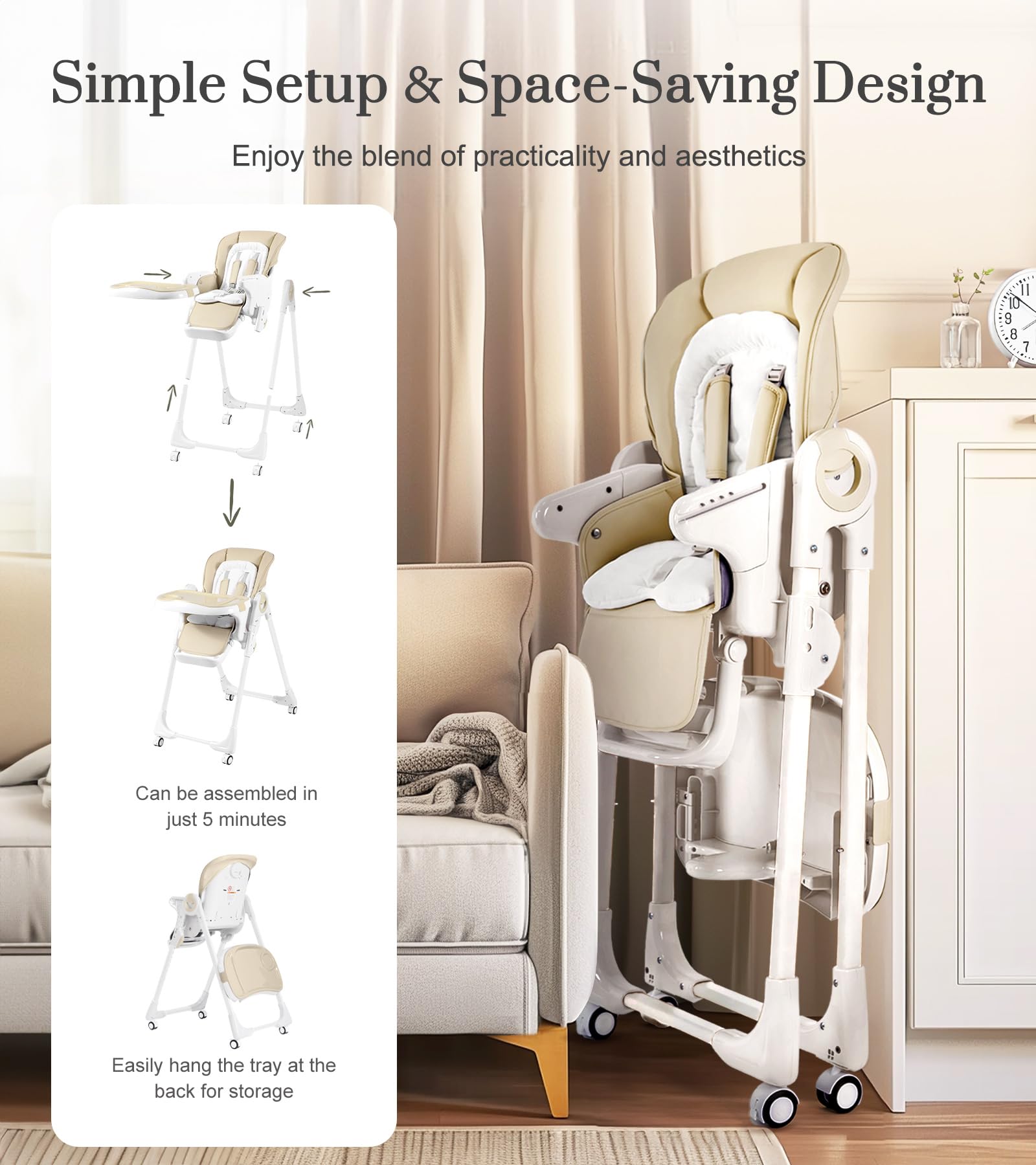 Convertible High Chair for Babies & Toddlers - Adjustable Height, Removable Tray, Reclining Backrest & Footrest - Portable Dining Chair with Locking Wheels - Perfect for Home, Restaurant & Travel Use