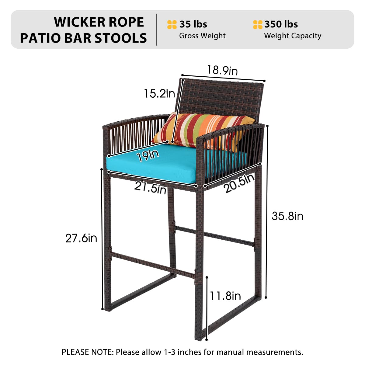 **Sundale Outdoor Wicker Bar Stools - Brown Rattan Rope Counter Height Stools with Backrest, High Chair with Pillow & Blue Cushion, All-Weather Armless Pub Barstool for Patio, Garden, and Poolside**
