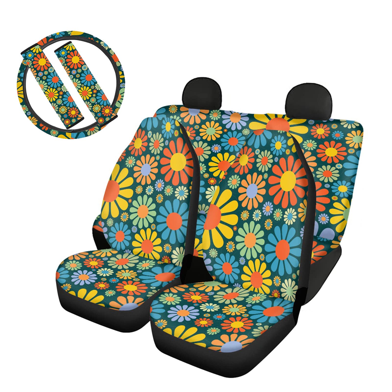 Hippie Flower Car Seat Covers Set - 7pcs for Trucks & SUVs - Boho Decor
