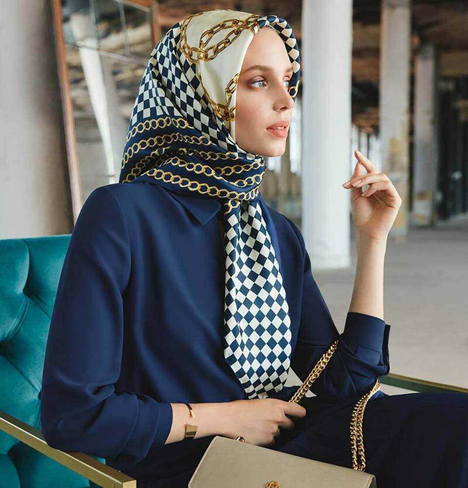 Premium Aker Turkish Silk Hijab Scarf - Navy Blue #7925 for Women, Spring Summer 2020 Collection | Breathable & Lightweight for Daily Wear, Office, Prayer & Special Occasions
