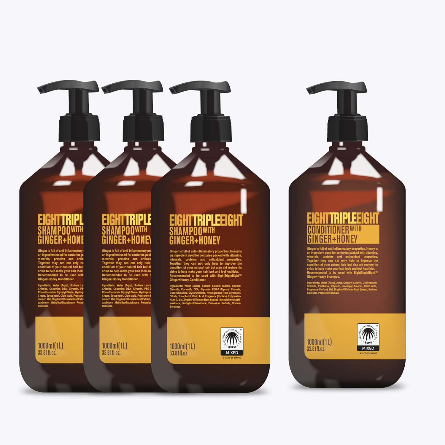 EightTriple888 Ginger & Honey Hair Care Set - 3x Shampoo & 1x Conditioner (1L) for Dry, Damaged Hair - Natural Nourishing & Hydrating Hair Treatment for Women & Men - Home & Salon Use
