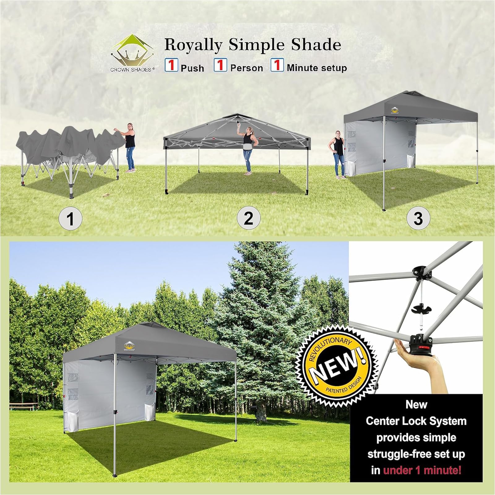 10x10 Pop Up Canopy Tent with Sidewalls & Pockets - Portable Instant Sun Shelter for Camping, Beach, Backyard & Outdoor Events - Easy One-Person Setup with Center Lock System - Grid Grey