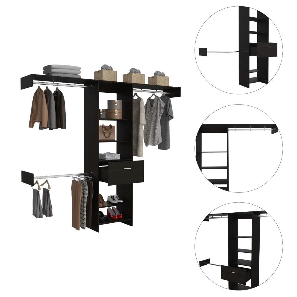 Brisk Closet System with 1 Drawer, 3 Metal Rods & 5 Open Shelves - Black | Space-Saving Storage Solution for Bedroom, Closet & Office Organization
