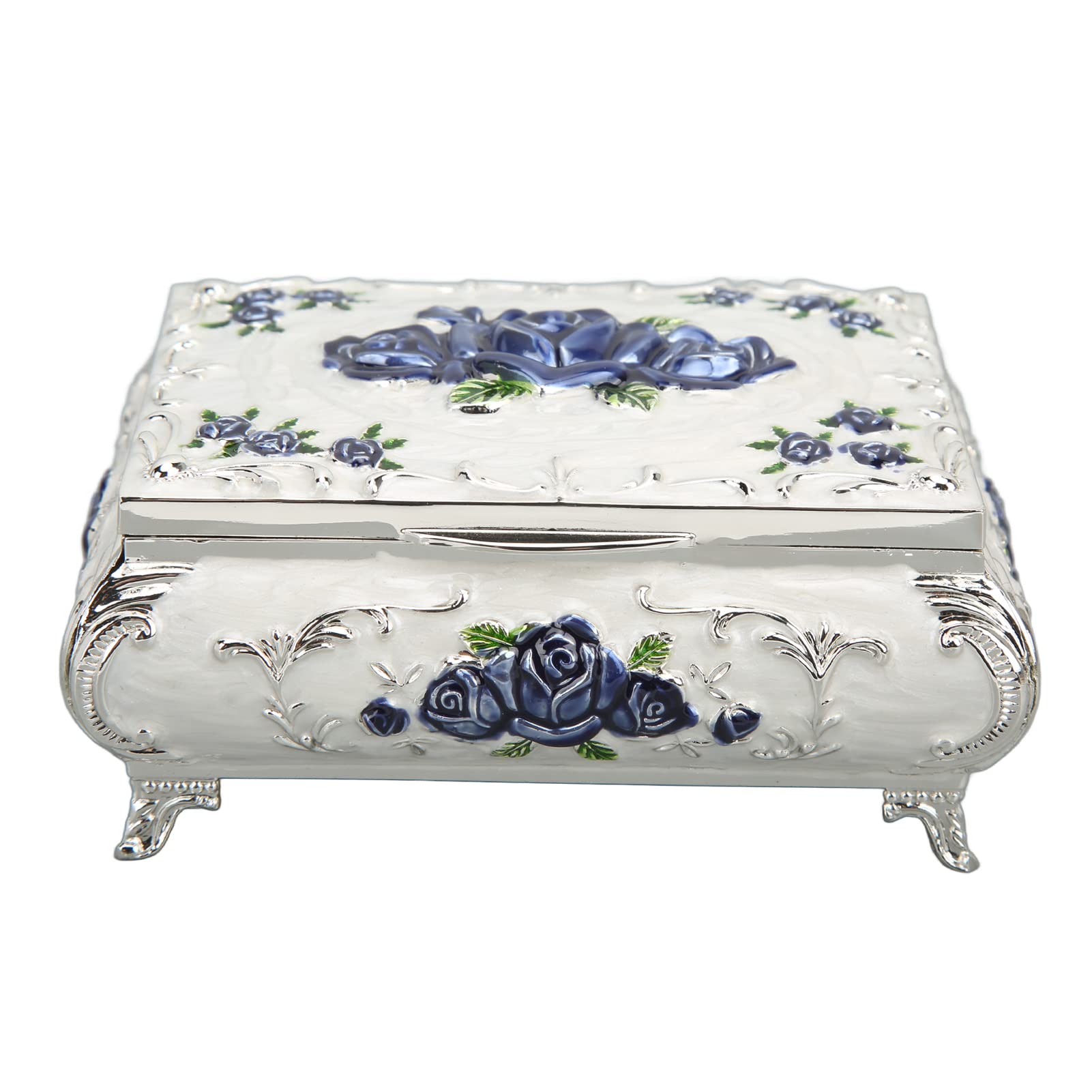 Vintage Metal Jewelry Box - Small Rectangular Keepsake Storage with Ornate Rese Top - Decorative Gift Box for Women & Girls (Silver White Blue Rose) | Perfect for Jewelry Organization, Home Decor & Special Occasion Gifts