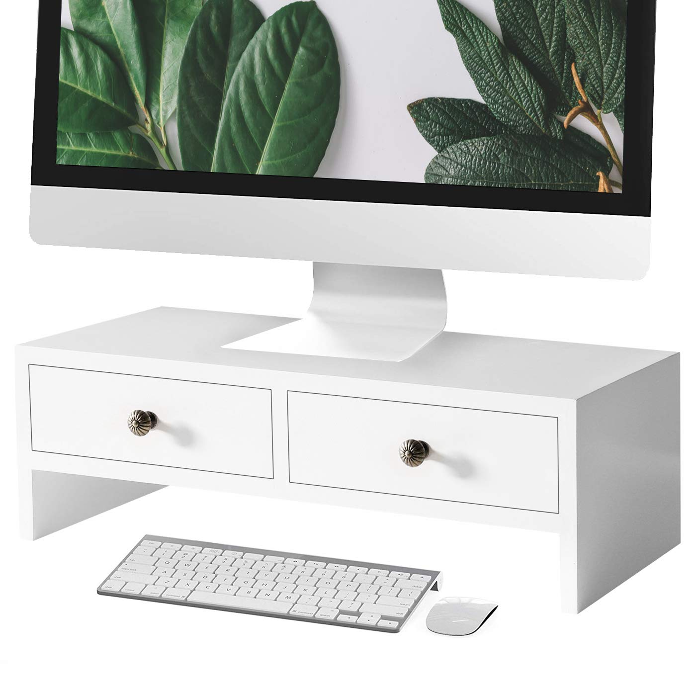 WELLAND Monitor Stand Riser with Storage Drawers - Adjustable Computer Monitor Stand & Desktop Organizer for Laptop, PC, Office - Perfect for Home Office & Workspace Organization (White)