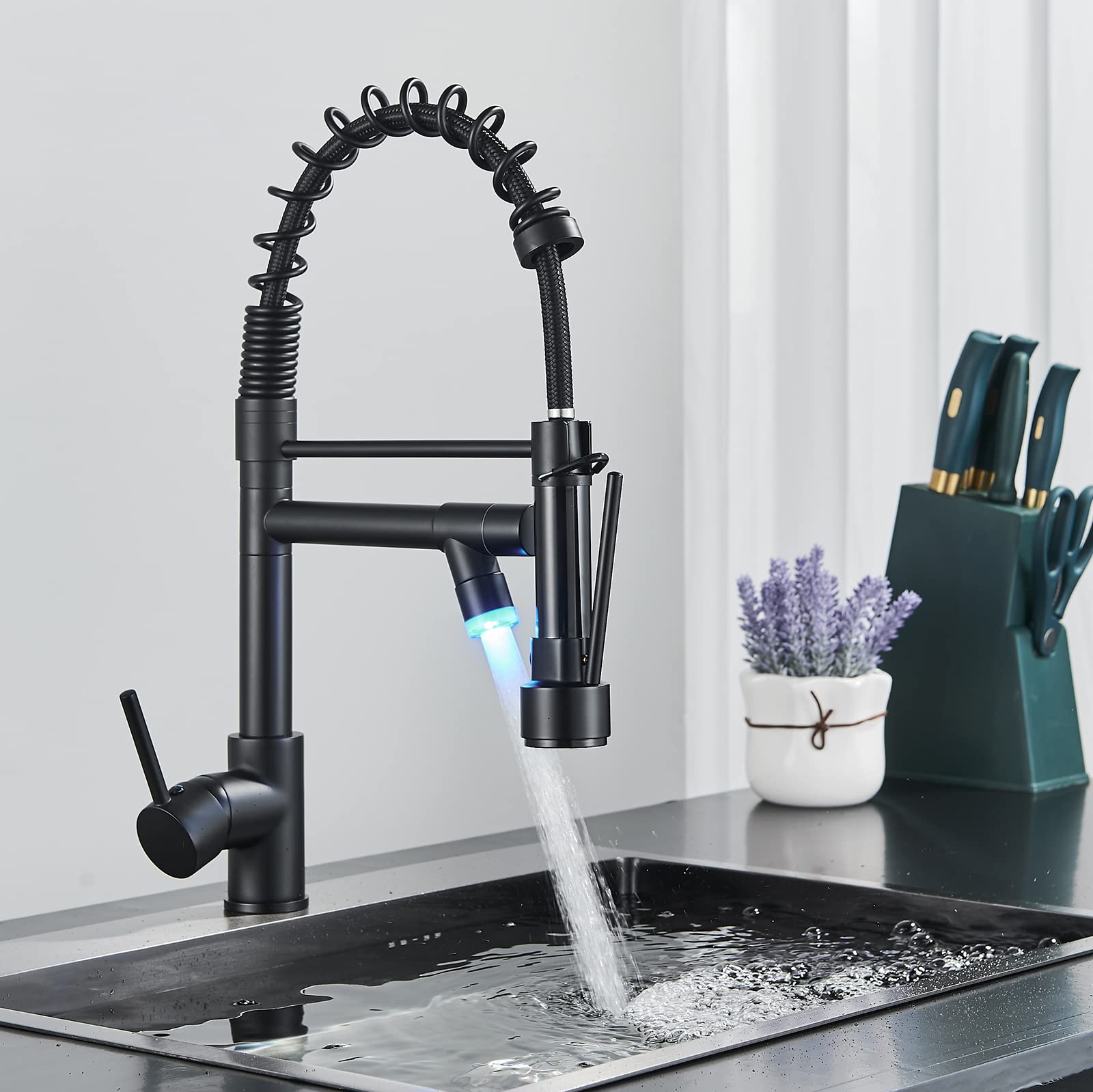 NeierThodore LED Kitchen Faucet - Stainless Steel Single Handle Single Hole Sink Faucet with Pull Down Sprayer, Matte Black Finish - Perfect for Modern Kitchens & Bar Sinks