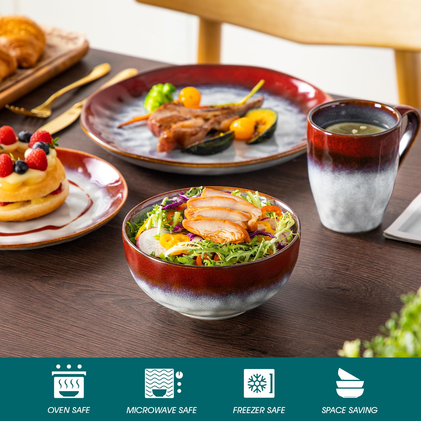 Vancasso Starry 16-Piece Red Dinnerware Set | Reactive Glaze Change Ceramic Plates & Bowls | Elegant Table Setting for Holidays, Parties & Daily Dining