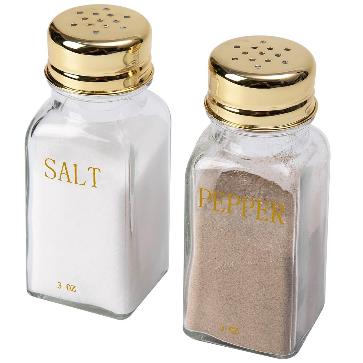 Premium Gold & Clear Glass Salt and Pepper Shakers Set - Modern Kitchen Decor with Stainless Steel Lids - Elegant White & Gold Dining Accessories for Home, Wedding Gift & Restaurant Use - Perfect for Table Setting, Dinner Parties & Everyday Cooking