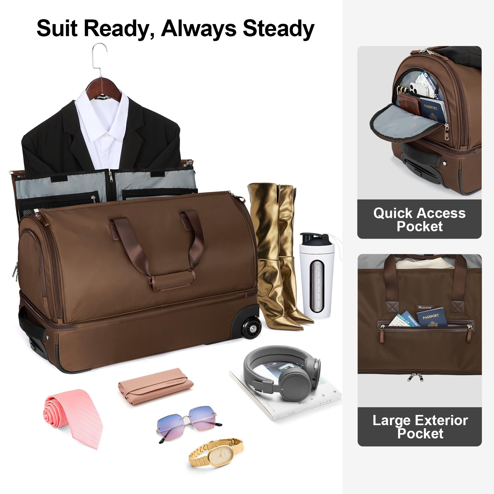 Modoker Convertible Rolling Garment Bag for Travel - Expandable Suitcase with Wheels, Trolley Handle & Shoe Compartment | Business Trip Luggage, Weekender Duffel Bag for Men & Women (Brown) - Perfect for Air Travel, Business Meetings & Weekend Getaways