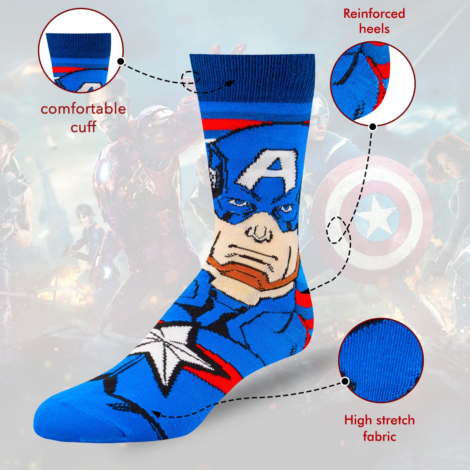Marvel Legends Superhero Socks for Men & Boys - 6-Pack Athletic Crew Socks - Breathable Cotton Socks for Sports, Gym & Daily Wear - Spider-Man, Iron Man & Avengers Themed Socks