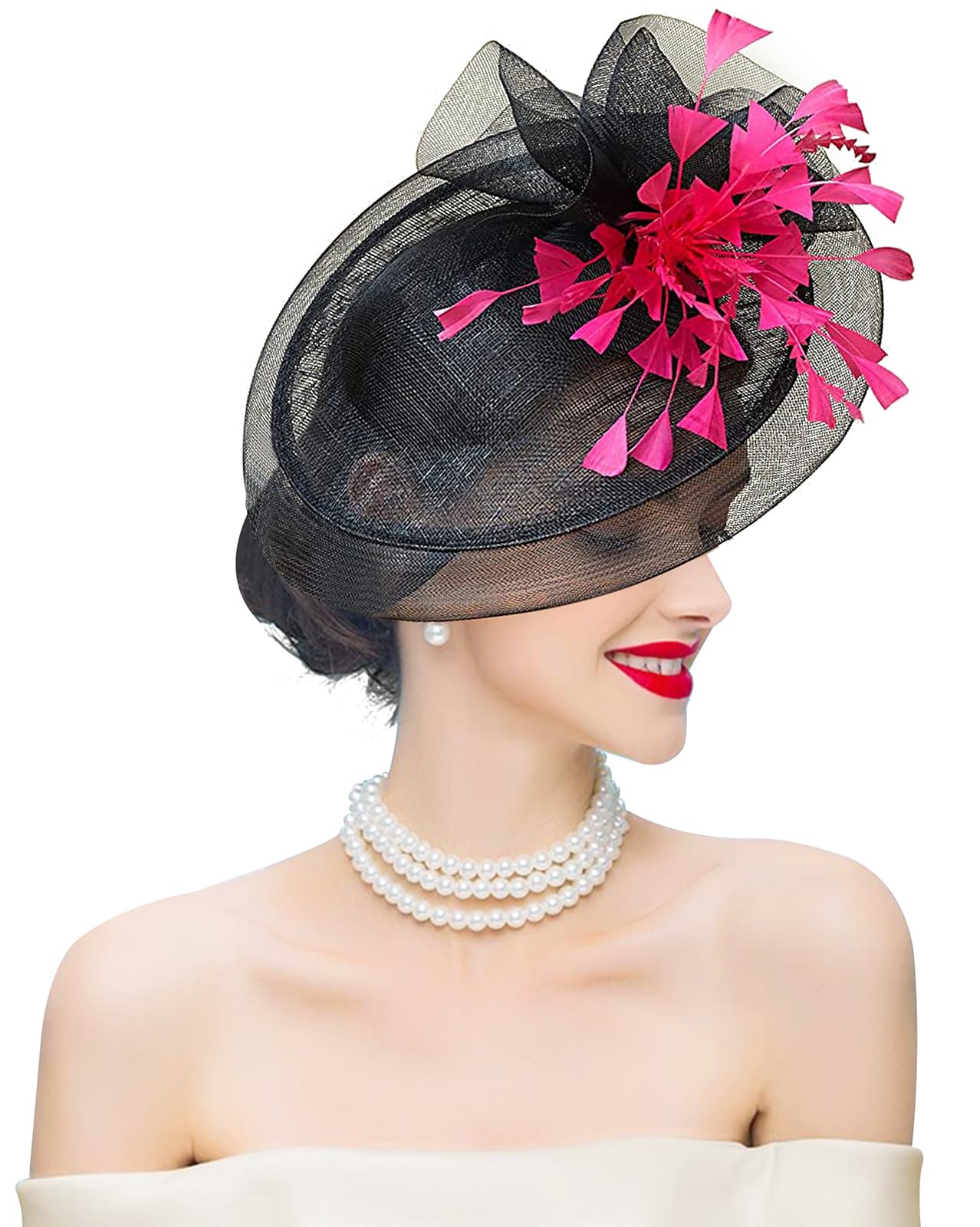 Elegant Sinamay Fascinator Hat with Floral Feathers - Women's Pillbox Derby Hat for Weddings, Tea Parties & Special Events - Adjustable Headband Clip for Secure Fit - Perfect for Bridal, Royal Ascot & Formal Occasions