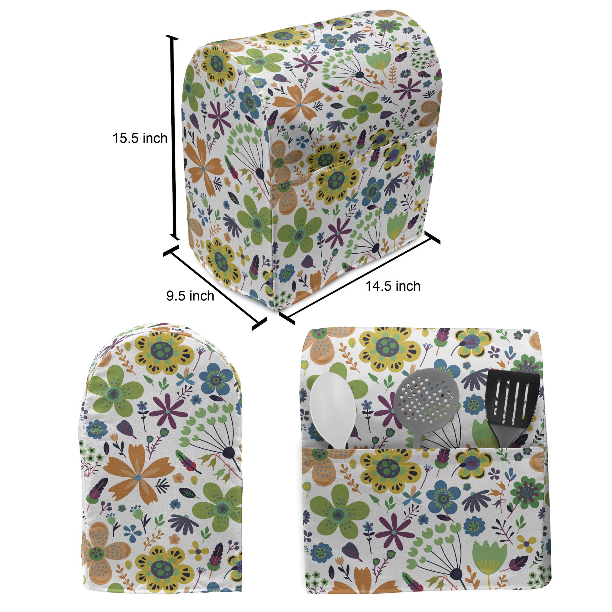 Ambesonne 6-8 Quart Stand Mixer Cover with Pocket - Floral Pattern Pointy Petals & Circular Shapes on White Multicolor Backdrop - Kitchen Appliance Organizer for Baking, Cooking & Countertop Storage
