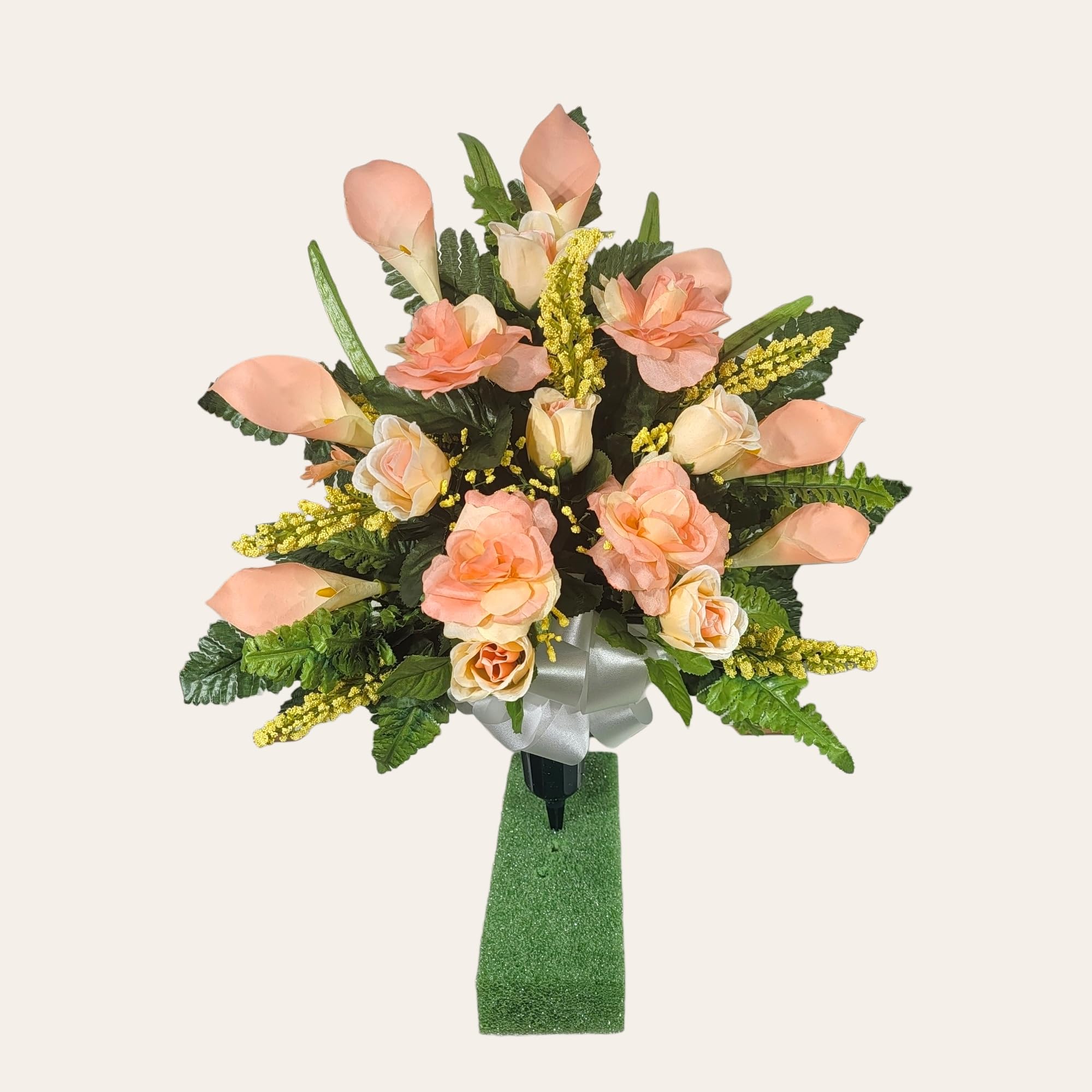 Realistic Artificial Cemetery Flowers - Silk Faux Peach Rose & Calla Lily Bouquet for Graves - 2 Headstone Decorations - Memorial Flowers for Gravesite, Funeral, Sympathy & Remembrance