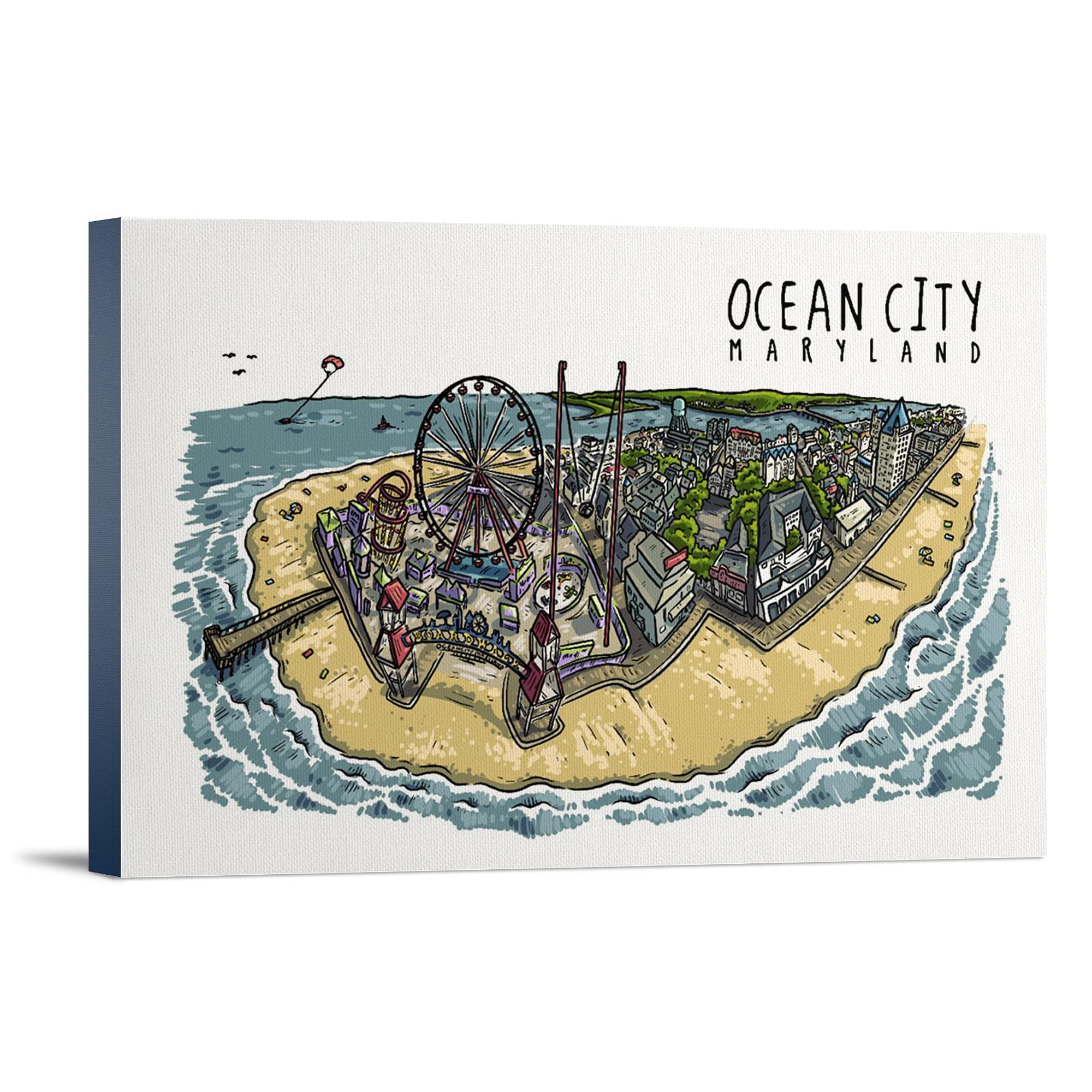Ocean City Maryland Pier Line Drawing Art - 16x24 Wrapped Canvas Wall Decor for Beach House, Coastal Living Room & Nautical Bedroom