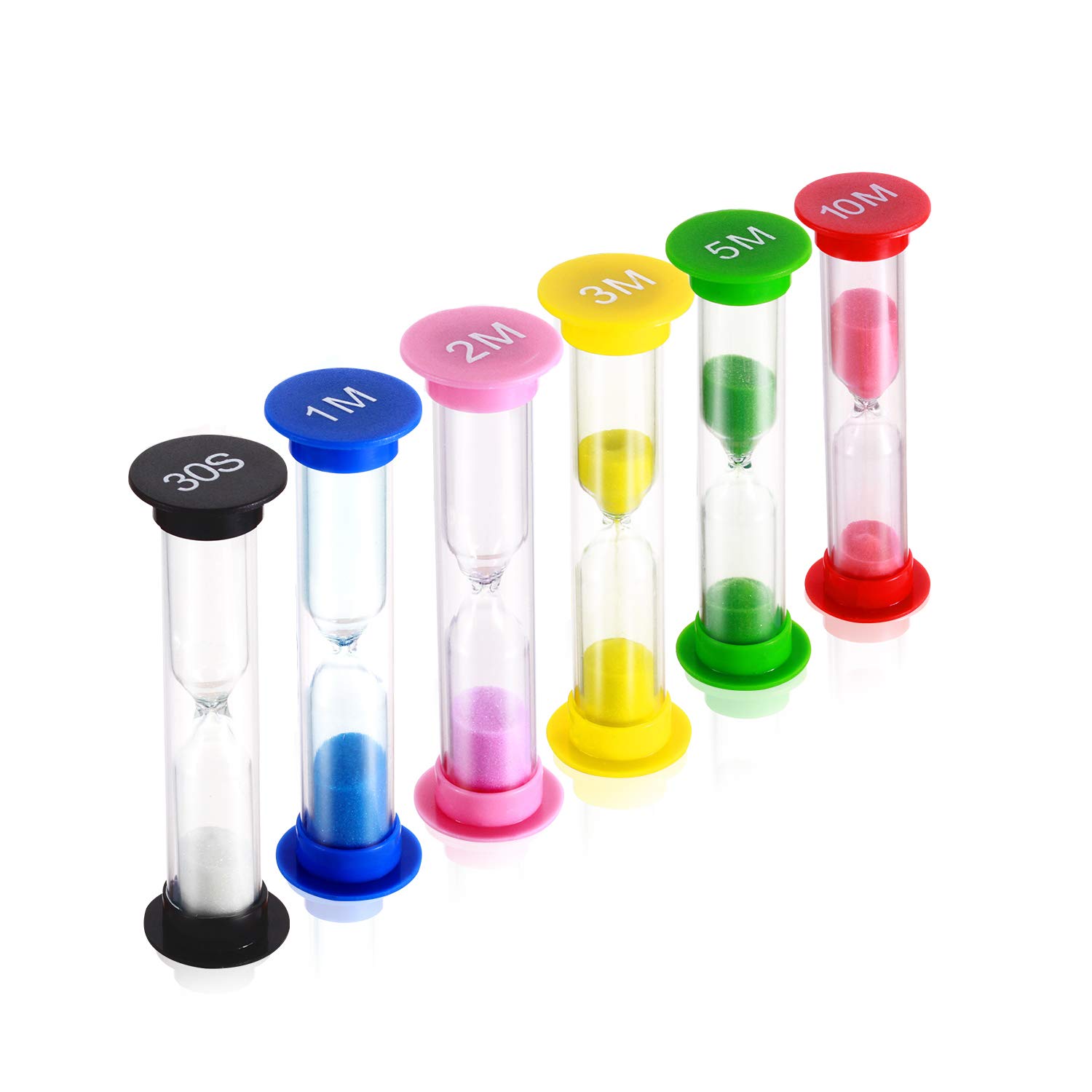 Colorful Plastic Hourglass Sand Timer Set - 30 Sec, 1 Min, 2 Min, 3 Min, 5 Min, 10 Min (6-Piece) - Perfect for Board Games, Classroom Activities, Cooking & Time Management