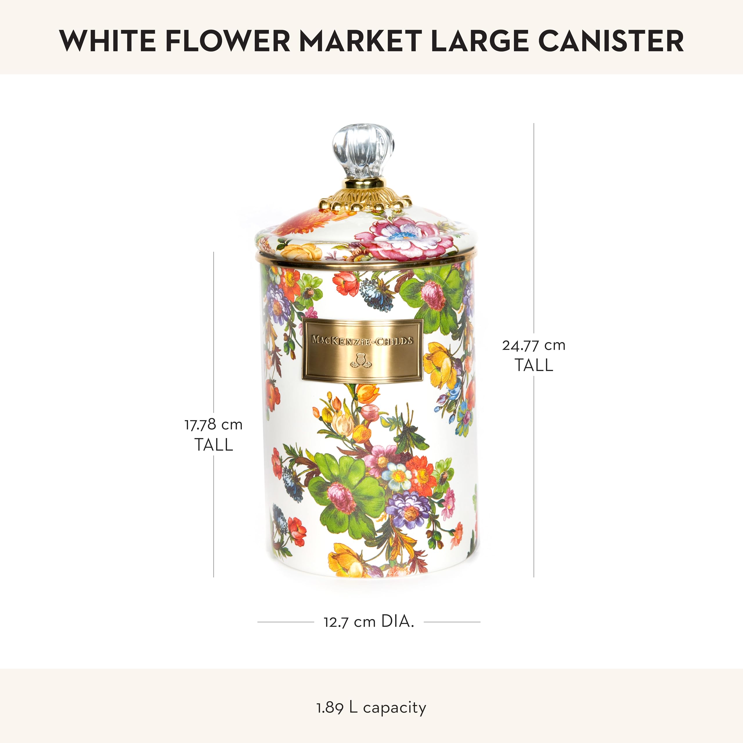 MACKENZIE-CHILDS Large Enamel Canister - 1.89L Kitchen Storage Container for Flour, Sugar & Dry Goods | Airtight White Flower Market Design | Perfect for Pantry Organization & Farmhouse Style Kitchens