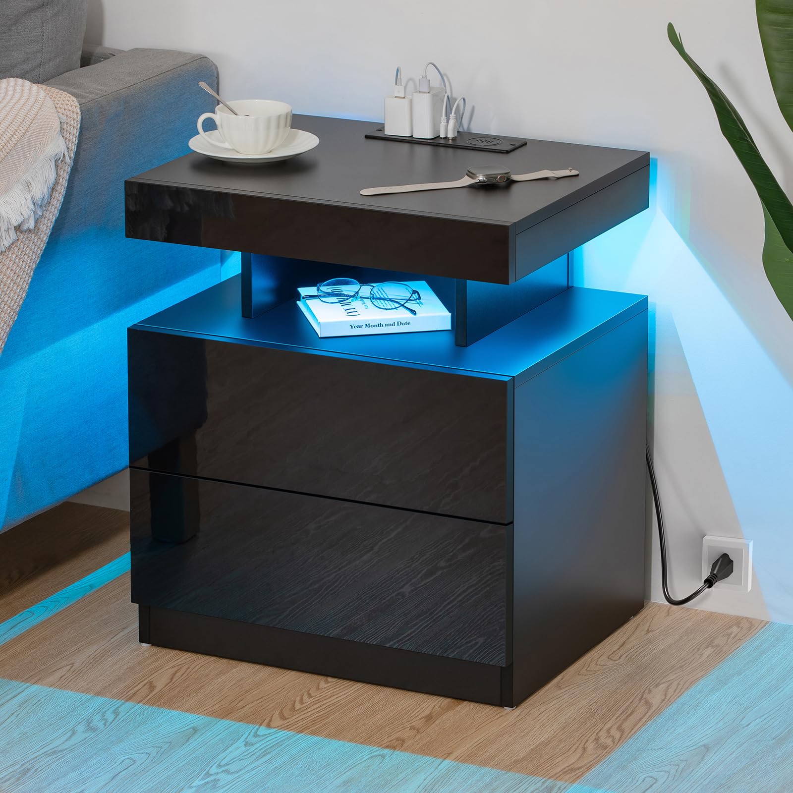HOMMPA LED Nightstand with Wireless Charging, USB Ports & RGB Adjustable Lights - High Gloss Smart Bedside Table with 2 Drawers - Modern Black Night Stand for Bedroom, Living Room & Office Use