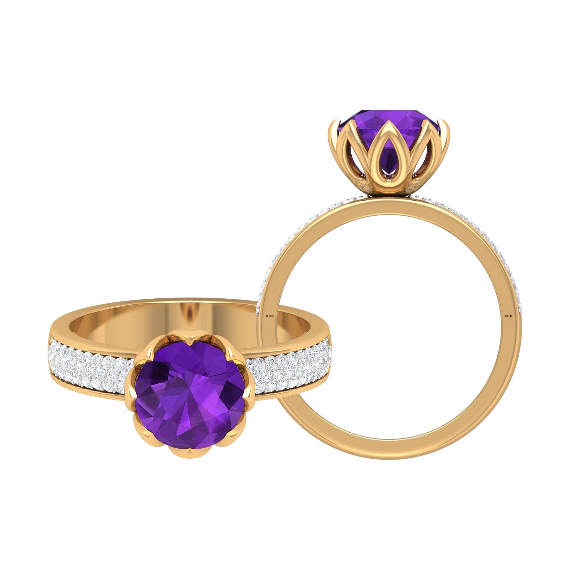 2.50 CT Natural Amethyst & Moissanite Solitaire Ring - 8MM Round Cut Purple Gemstone Engagement Ring for Women - 14K Solid Gold Wedding Band, Anniversary Gift, Valentine's Day Present