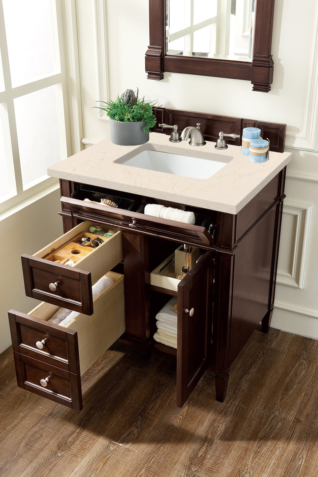 Brittany 30 Inch Single Bathroom Vanity with Burnished Mahogany Finish & 3CM Eternal Marfil Quartz Countertop - Perfect for Modern Master Bathrooms & Powder Rooms