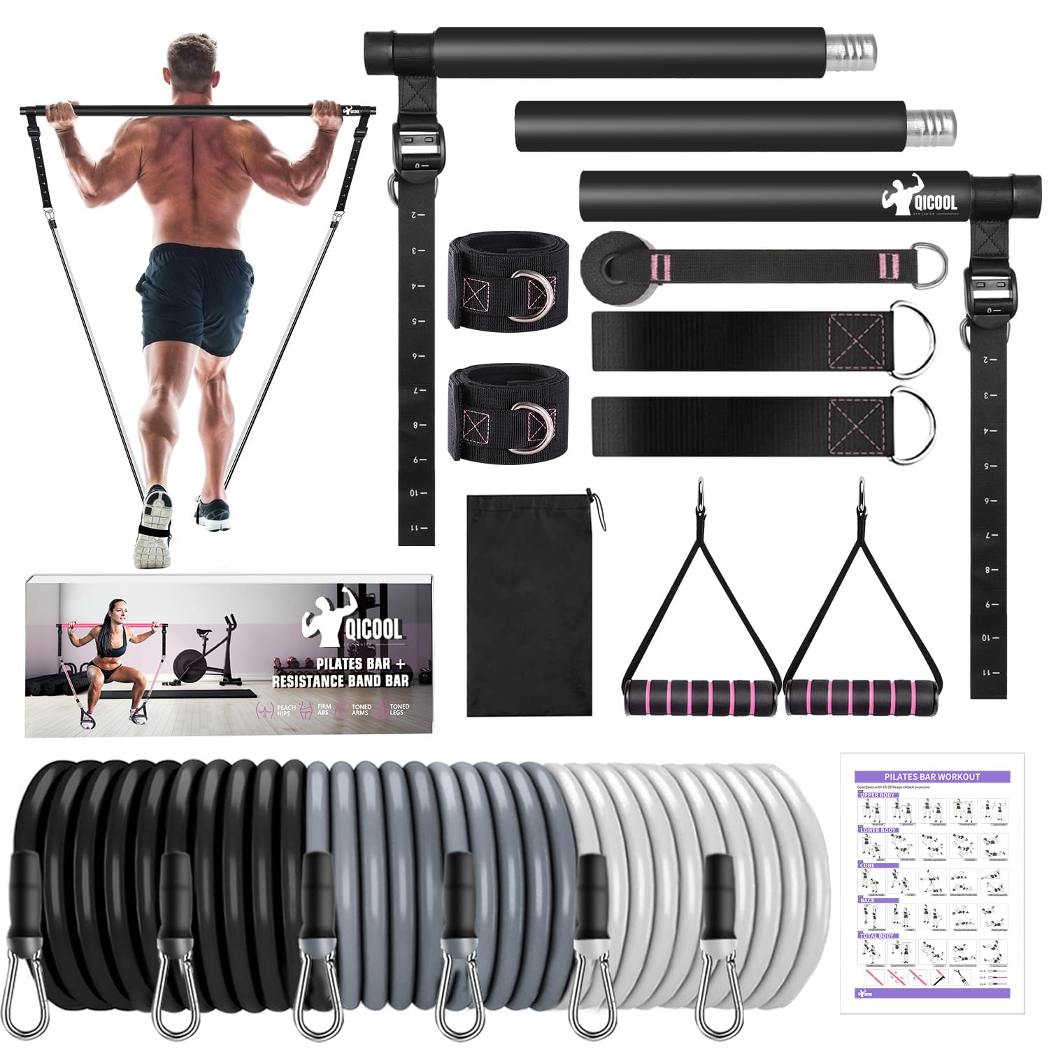 Qicool Pilates Bar Kit with Resistance Bands - Full Body Workout Equipment for Women & Men - Home Gym, Yoga & Fitness Training - Perfect for Strength Training, Toning & Stretching Exercises