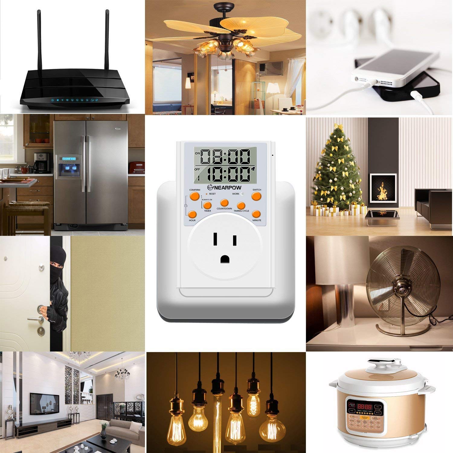 NEARPOW Smart Outlet Timer - 7-Day Programmable Digital Timer with Countdown & Infinite Short Cycle, 3/19 ON/Off Settings, 15A/1800W 3-Prong Plug - Perfect for Christmas Lights, Aquariums, Grow Lights & Home Automation