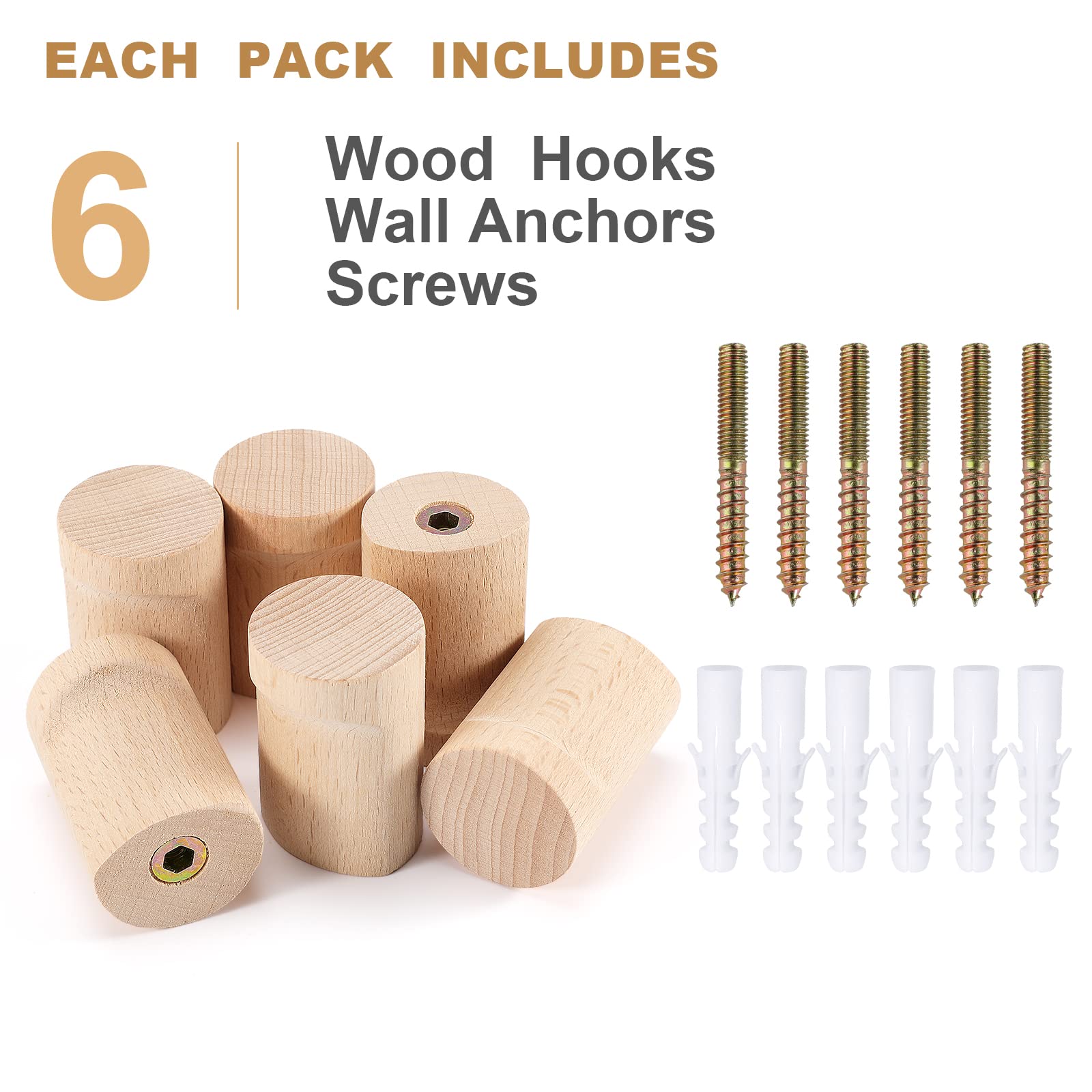 6 Pack Natural Beech Wood Wall Hooks - Handmade Rustic Heavy Duty Coat & Hat Hangers for Entryway, Bathroom, Bedroom - Perfect for Hanging Towels, Clothes, Bags, Robes & Home Decor