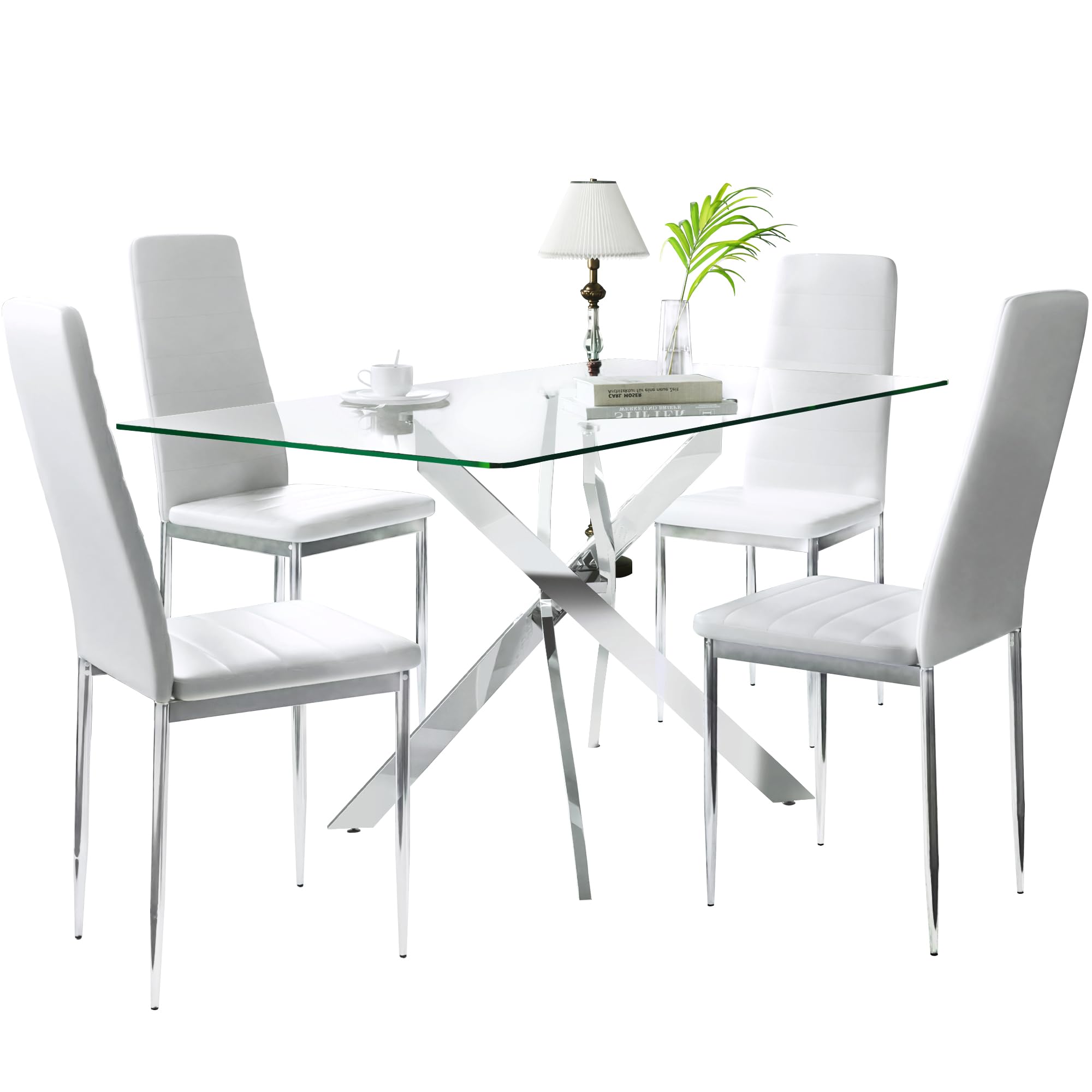 Modern 5-Piece Glass Dining Table Set for 4 - Rectangular Kitchen Table with 4 Chairs - Perfect for Small Spaces, Apartments & Cozy Dining Rooms - Ideal for Family Meals, Entertaining Guests & Everyday Use