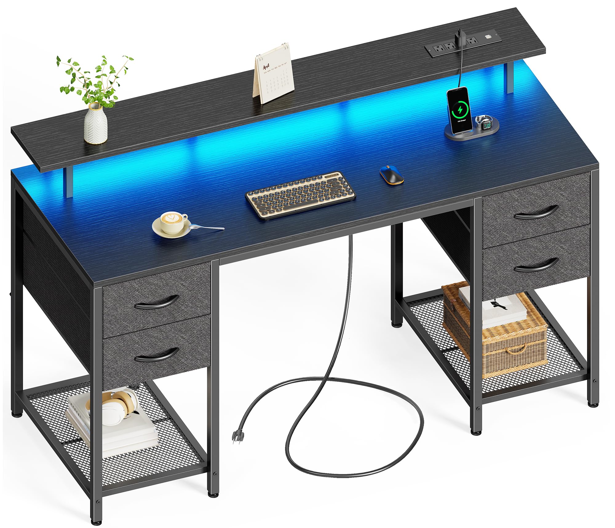Huuger 55 Inch LED Gaming Desk with Power Outlets & 4 Drawers - Black Home Office Computer Desk with Large Storage Space for Bedroom, Work from Home | Perfect for Gaming Setup, Remote Work & Study