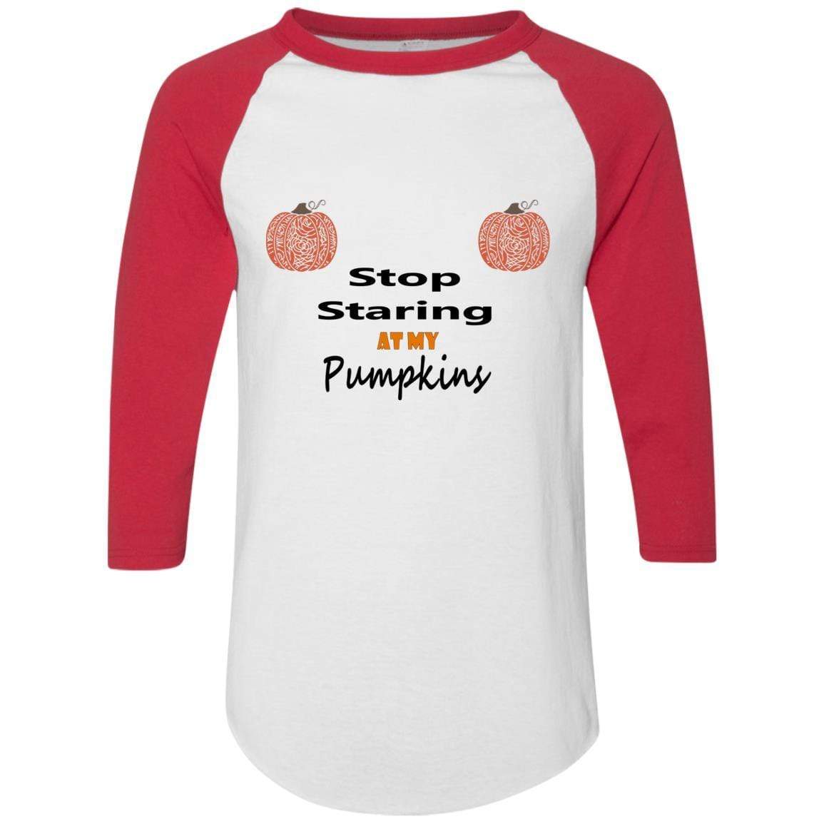 WineyBitches.Co Stop Staring At My Pumpkins Colorblock Raglan Jersey - Trendy Women's Fall Sweatshirt for Halloween, Thanksgiving & Cozy Seasonal Outfits