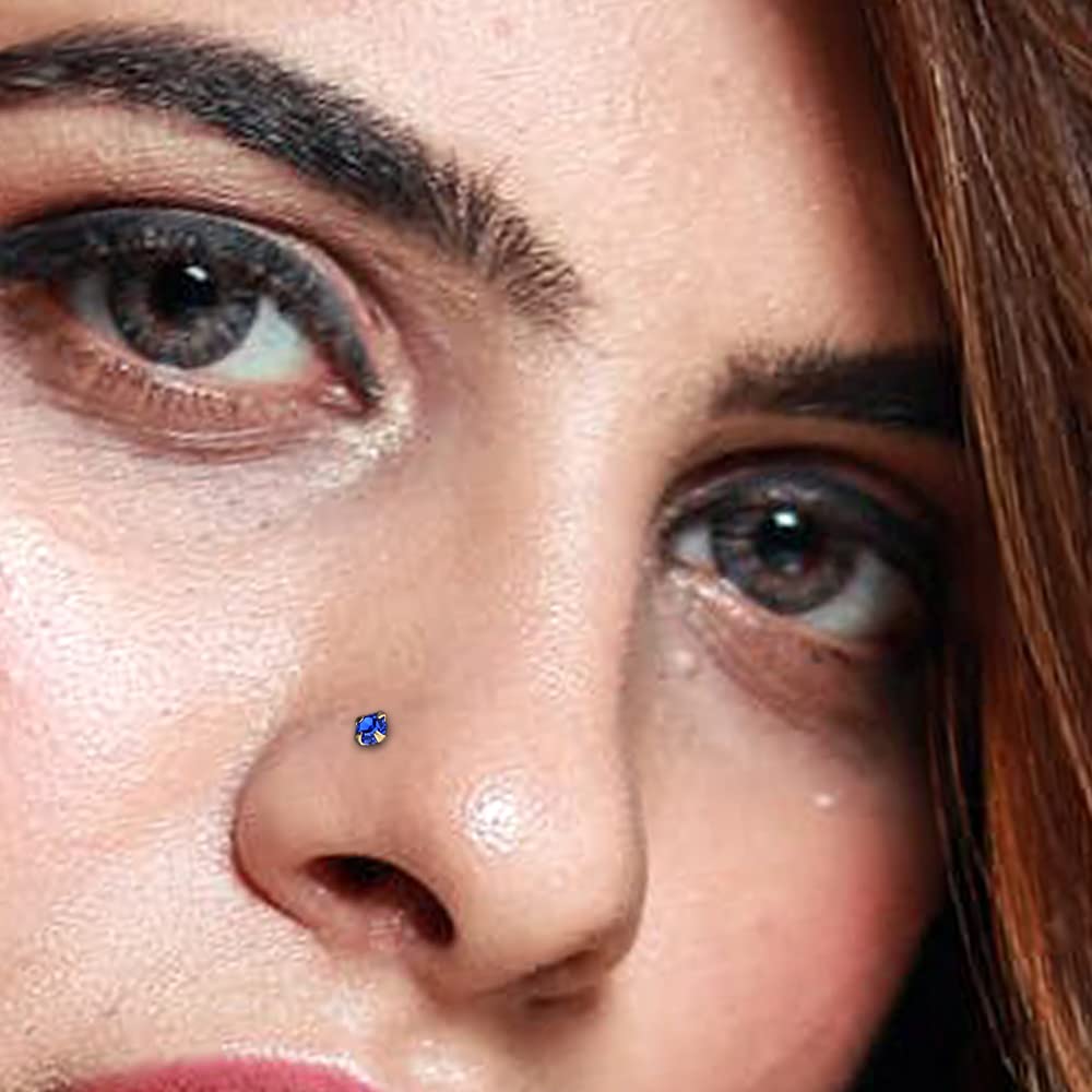 14K Yellow Gold Blue Sapphire Nose Stud - Round Crystal Stone 22 Gauge Nose Bone Piercing Jewelry for Women | Perfect for Everyday Wear, Parties & Special Occasions