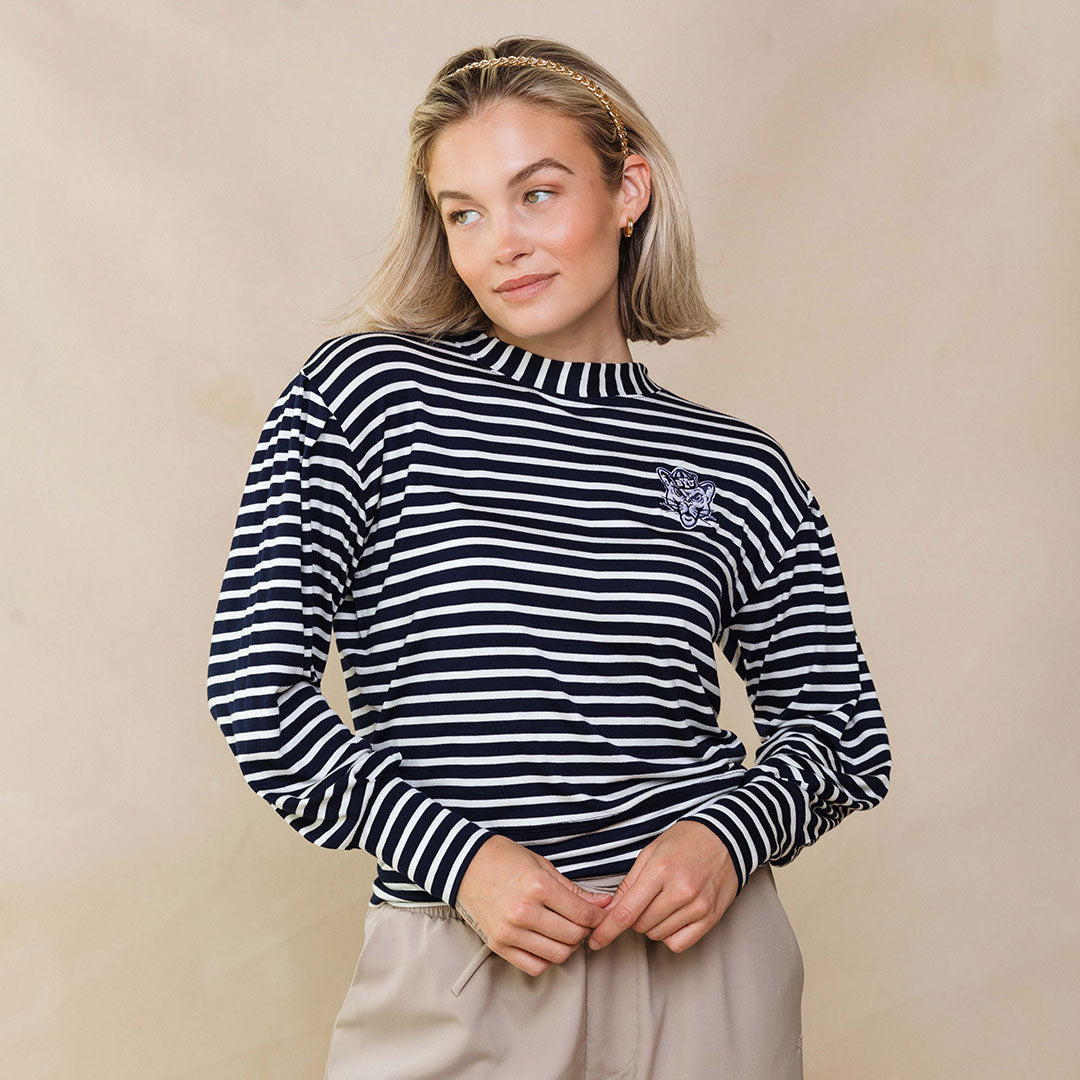 BYU Coco Long Sleeve T-Shirt for Women - Navy Blue Striped Casual Top - Perfect for Work, Travel and Everyday Wear