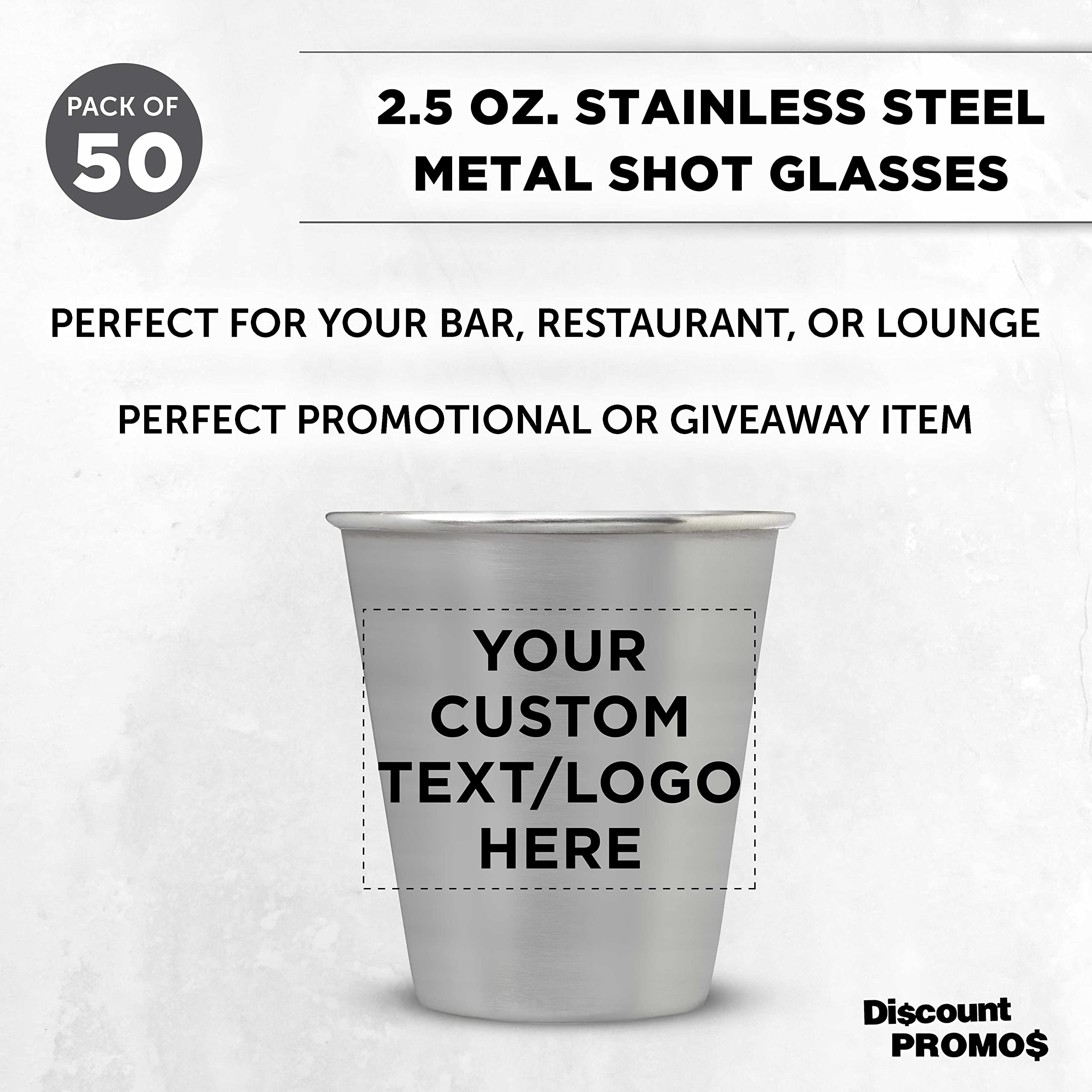 Custom Personalized Stainless Steel Shot Glasses 2.5 oz (Set of 50) - Bulk Pack for Weddings, Birthdays, Parties & Events - Durable Barware for Home, Office & Commercial Use