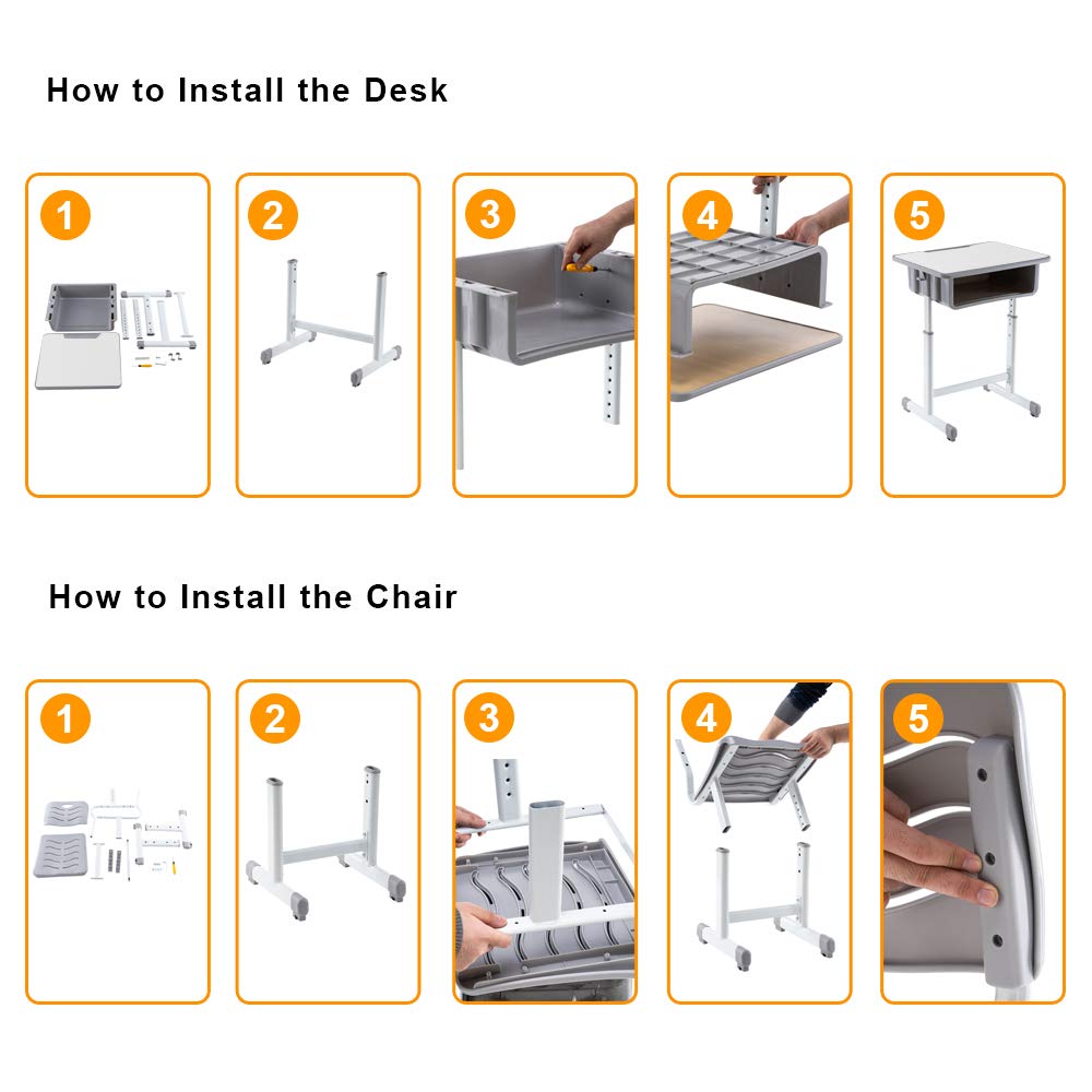 Adjustable Kids Study Desk and Chair Set with Storage Drawer, Pencil Grooves & Hooks - Ergonomic Children's Learning Workstation for Home School & Online Classes (Light Grey & White) - Perfect for Homework, Remote Learning & Craft Activities