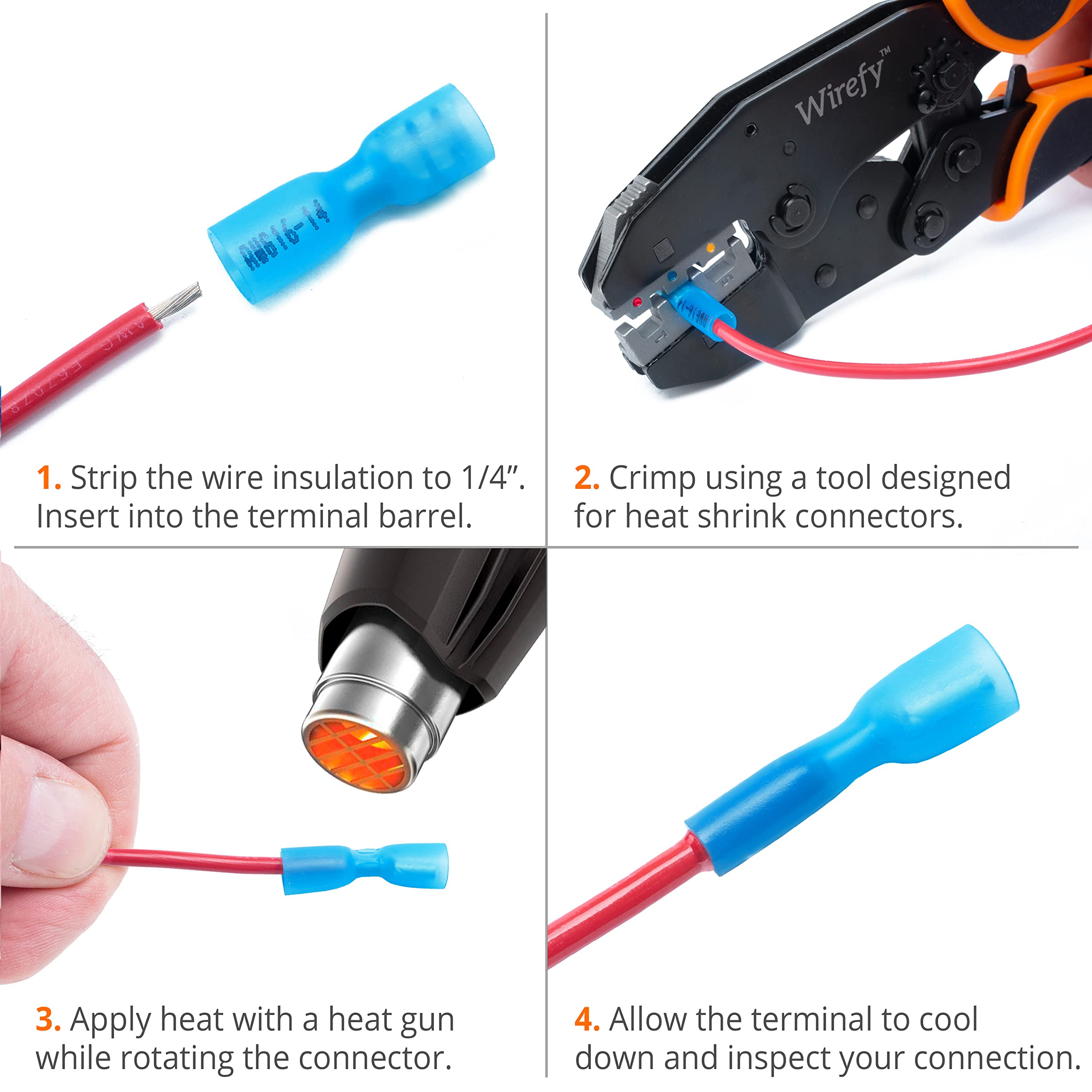 Wirefy 150 PCS Female Spade Connectors - 16-14 Gauge Heat Shrink Quick Disconnect Electrical Terminals (Blue) for Automotive, Marine & Home Wiring Applications