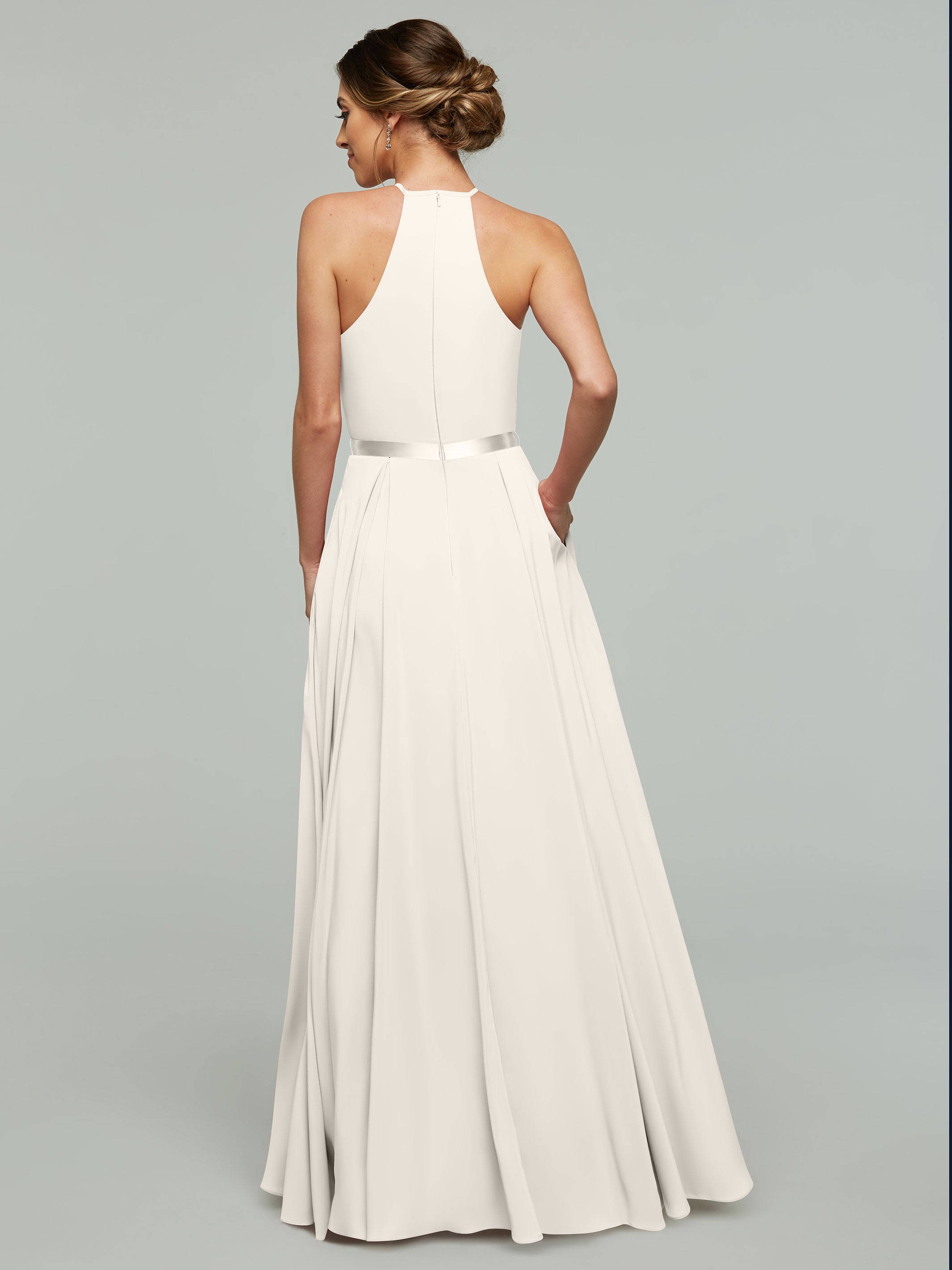 Elegant A-Line Stretch Chiffon Bridesmaid Dress with Halter Neckline & Waist Belt - Perfect for Weddings, Formal Events & Special Occasions