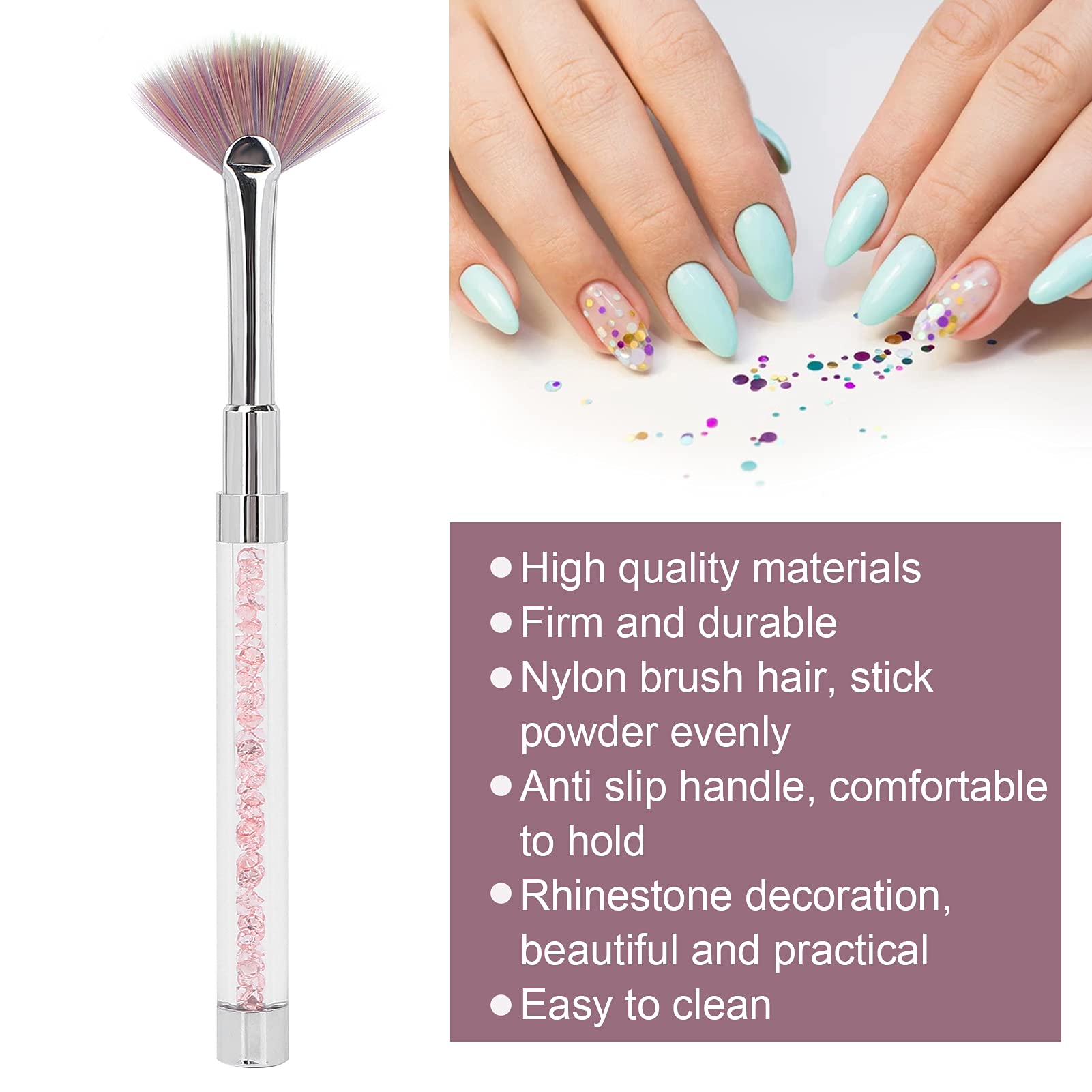 Premium Fan Shape Nail Brush - Nylon Bristle Dust Brush with Rhinestone Handle for Manicure, Nail Art & Glitter Removal | Perfect for Salon Professionals & DIY Nail Care at Home